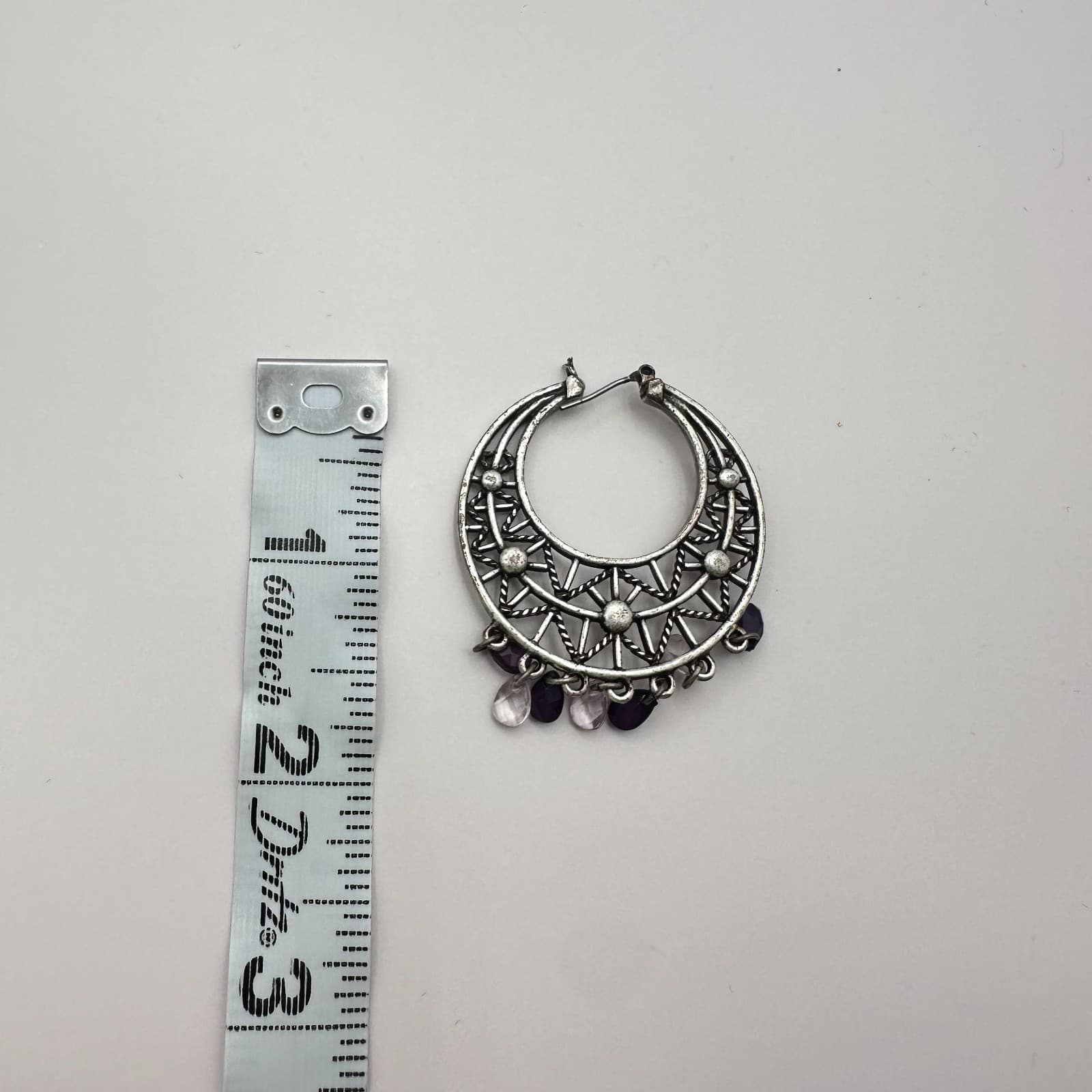 Vintage 90s Silver Tone Purple Beaded Geometric Hoop Earrings Women's Jewelry - Thumbnail 8