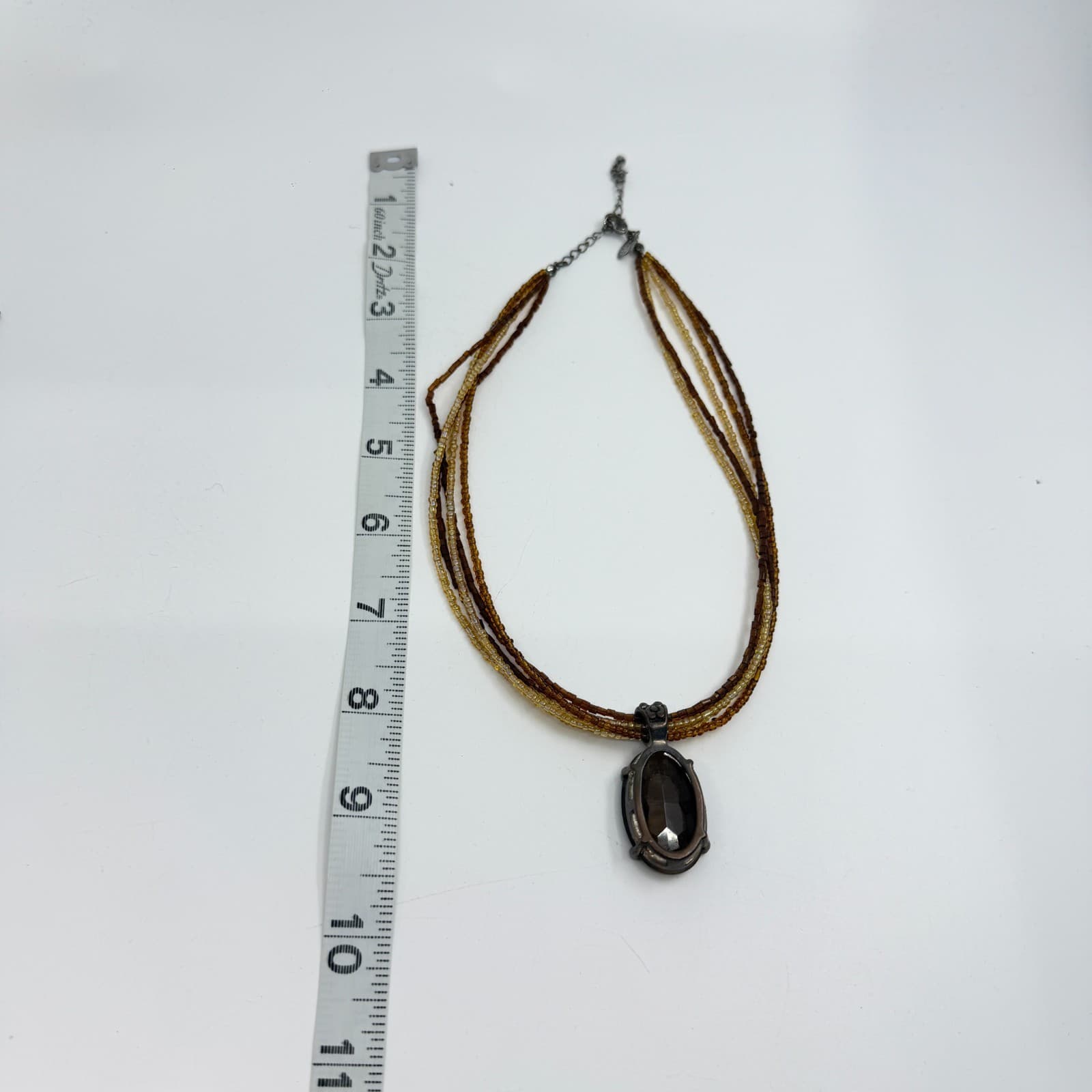 Multi-Strand Beaded Necklace with Oval Brown Gemstone Pendant Boho Statement - Thumbnail 9