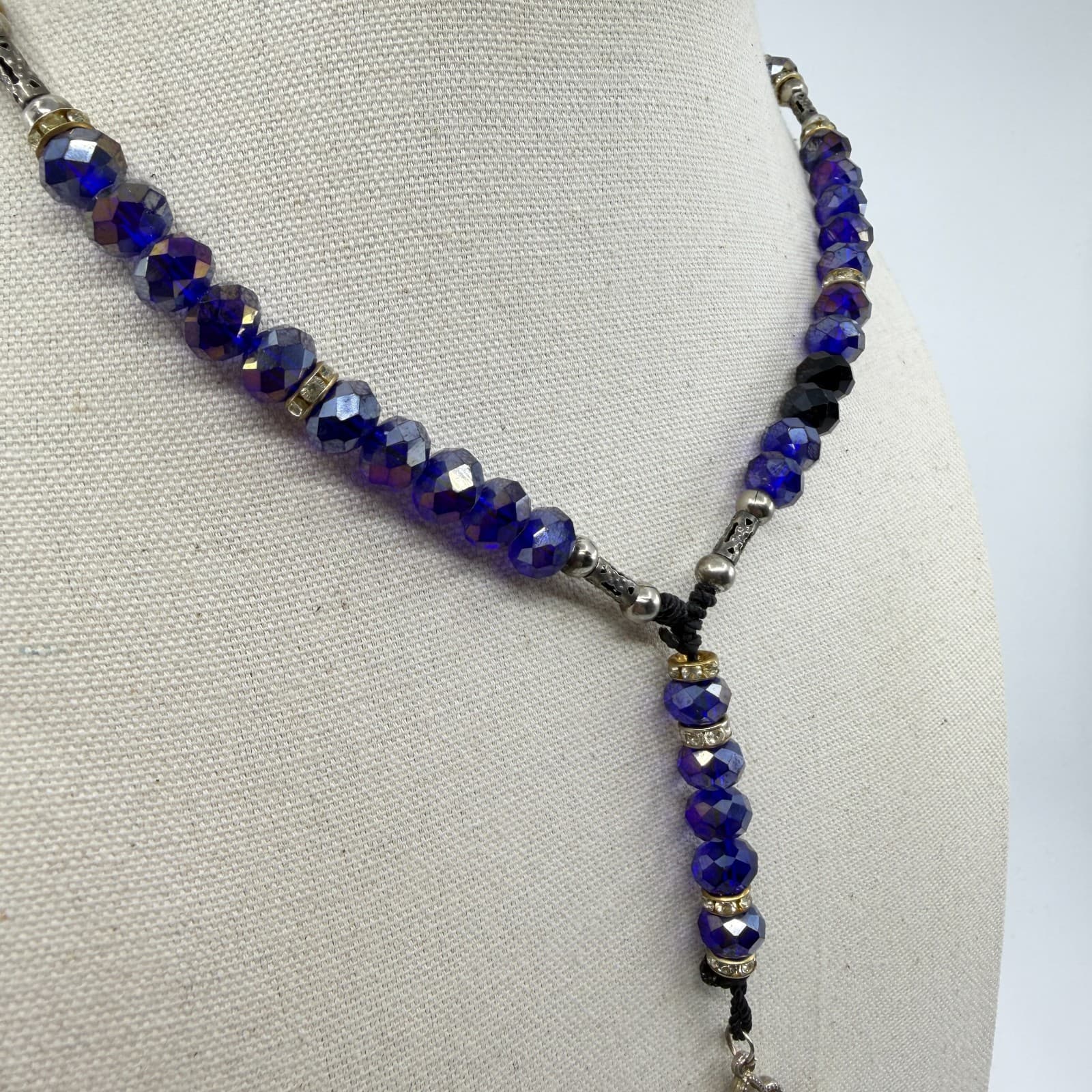 Deep Blue Crystal Beads Rosary Necklace with Rhinestone Crucifix Statement Piece - Thumbnail 5