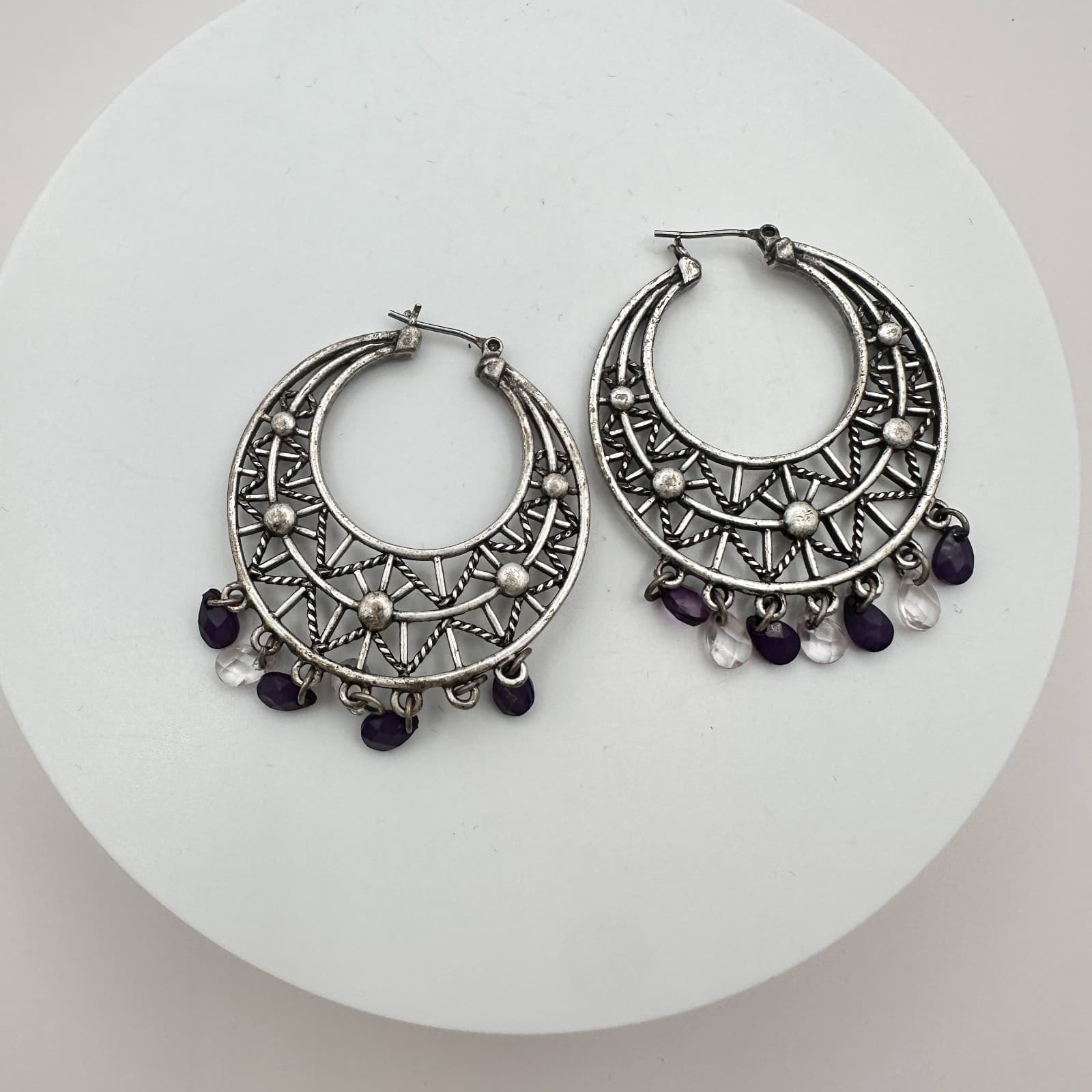 Vintage 90s Silver Tone Purple Beaded Geometric Hoop Earrings Women's Jewelry - Thumbnail 2