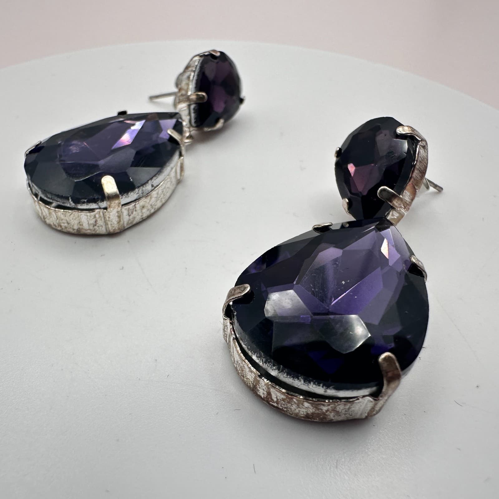 Vintage 90s Silver Tone Purple Teardrop Dangle Earrings Women's Classic Jewelry - Thumbnail 2