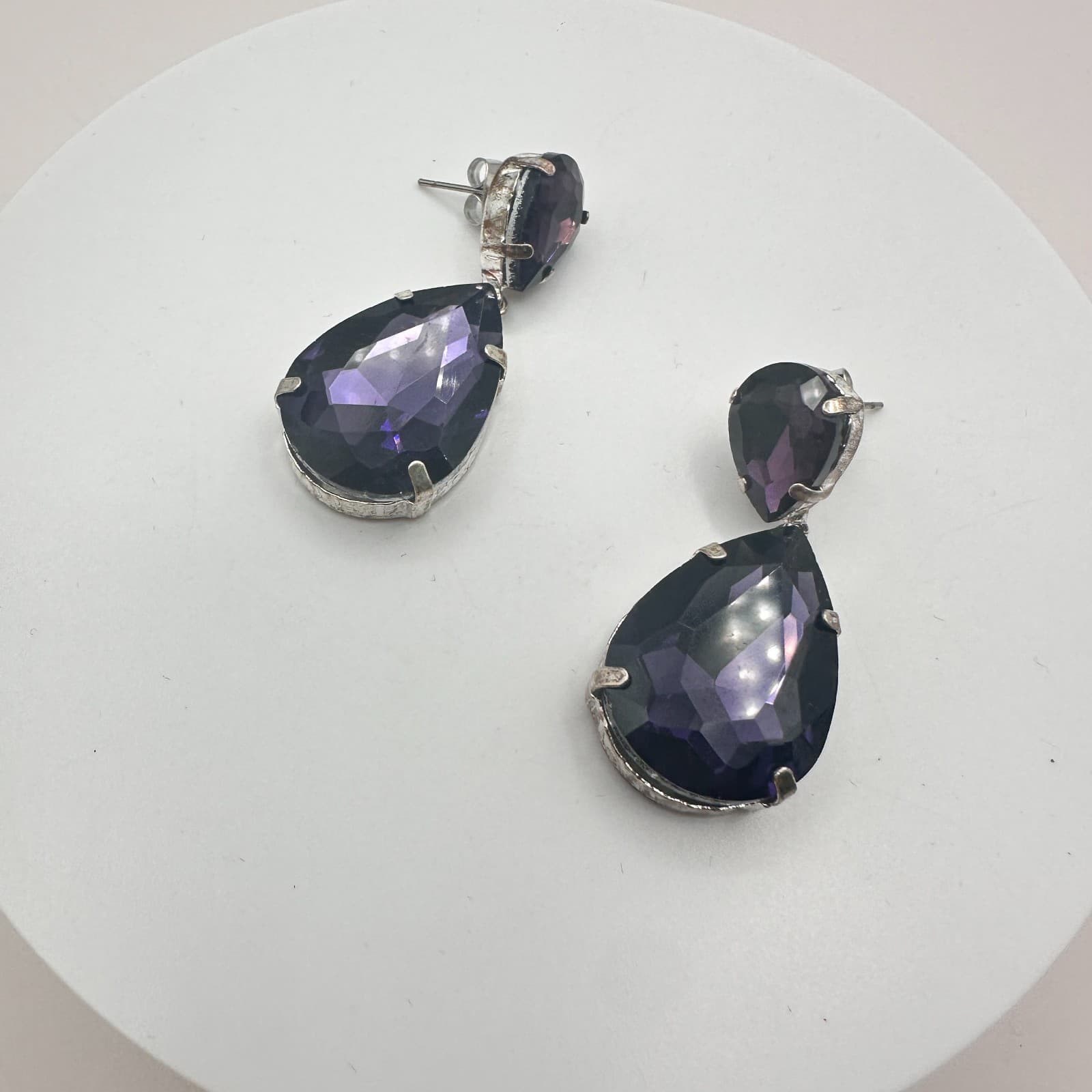Vintage 90s Silver Tone Purple Teardrop Dangle Earrings Women's Classic Jewelry - Thumbnail 5
