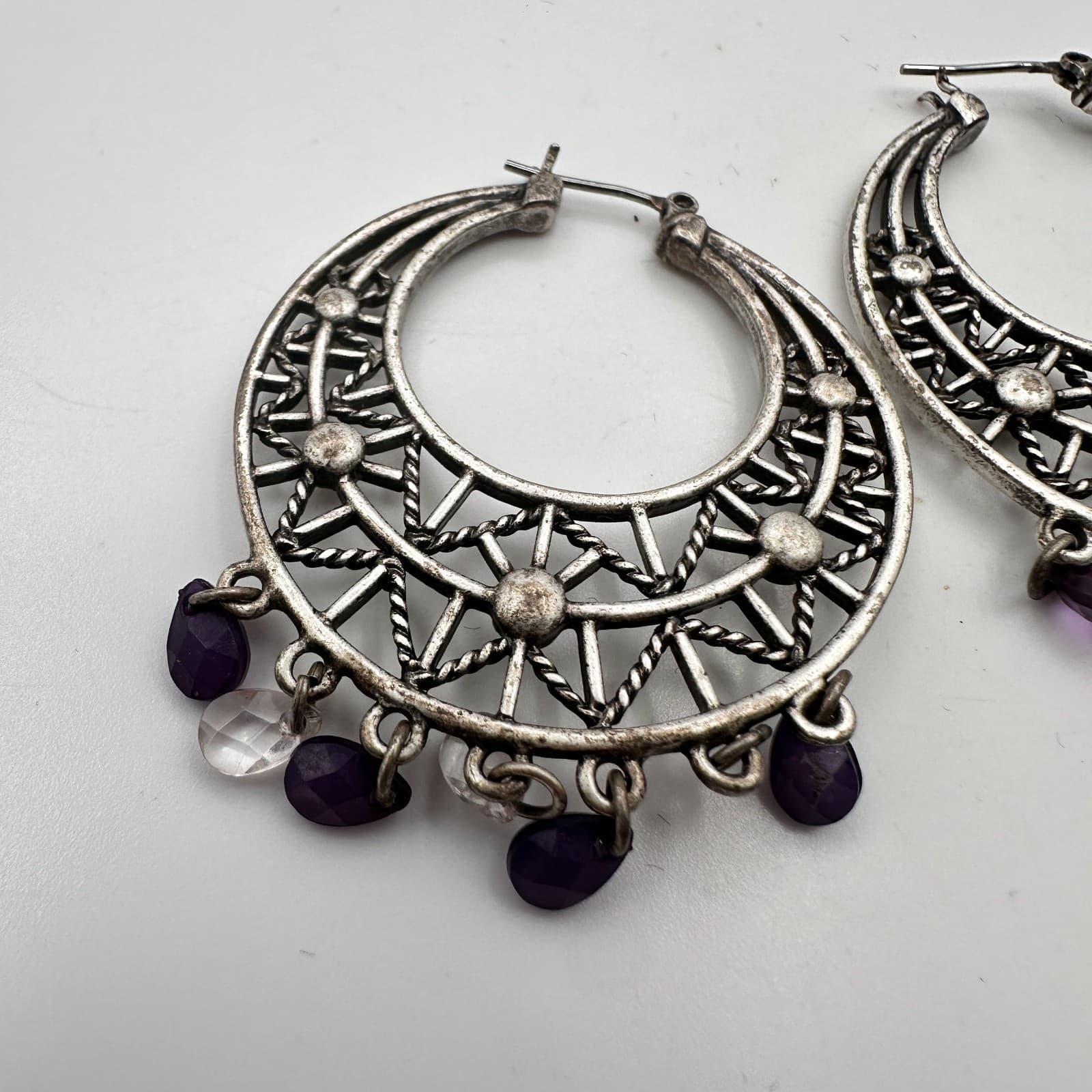 Vintage 90s Silver Tone Purple Beaded Geometric Hoop Earrings Women's Jewelry - Thumbnail 5