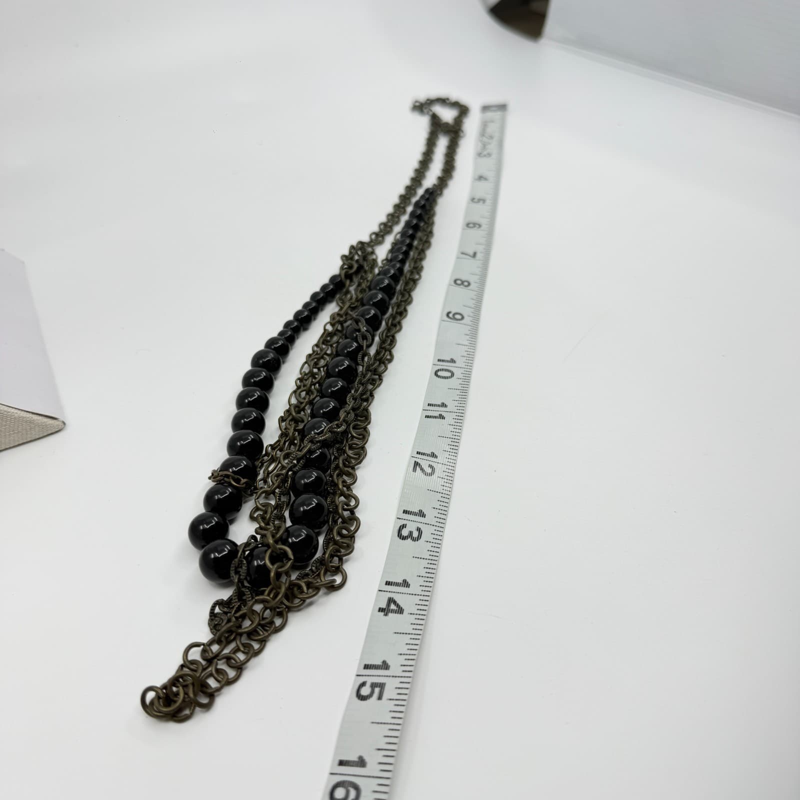 Multi Strand Layered Black Bead Necklace Antique Bronze Tone Chain Statement - Thumbnail 10