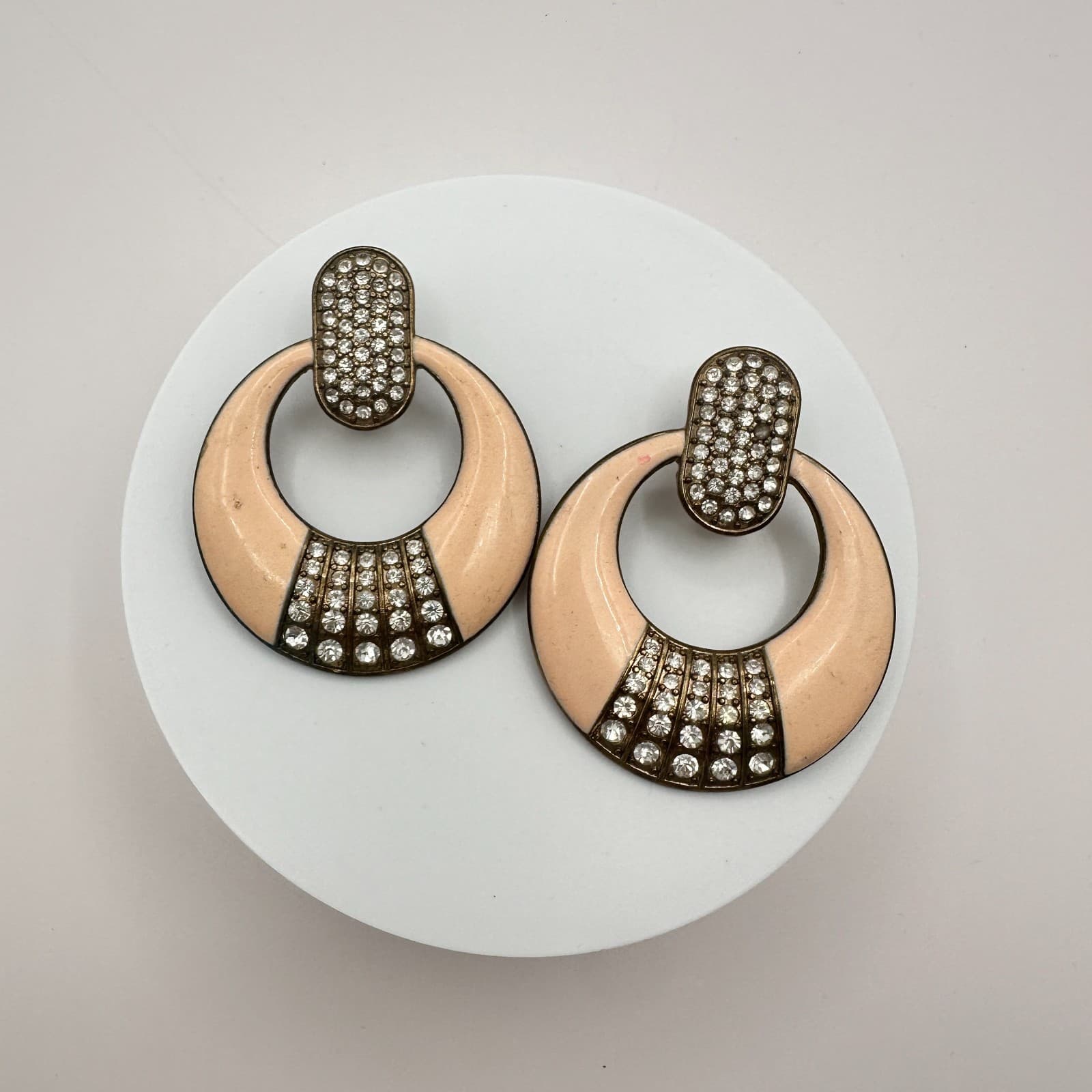 Vintage 80s Gold Tone Peach Enamel Rhinestone Door Knocker Earrings Jewelry Boho - Thumbnail 6