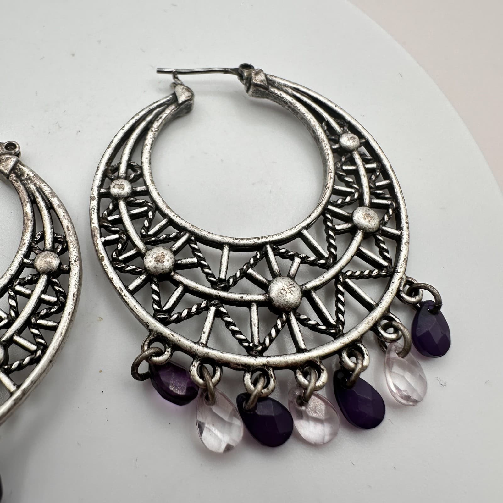 Vintage 90s Silver Tone Purple Beaded Geometric Hoop Earrings Women's Jewelry - Thumbnail 6