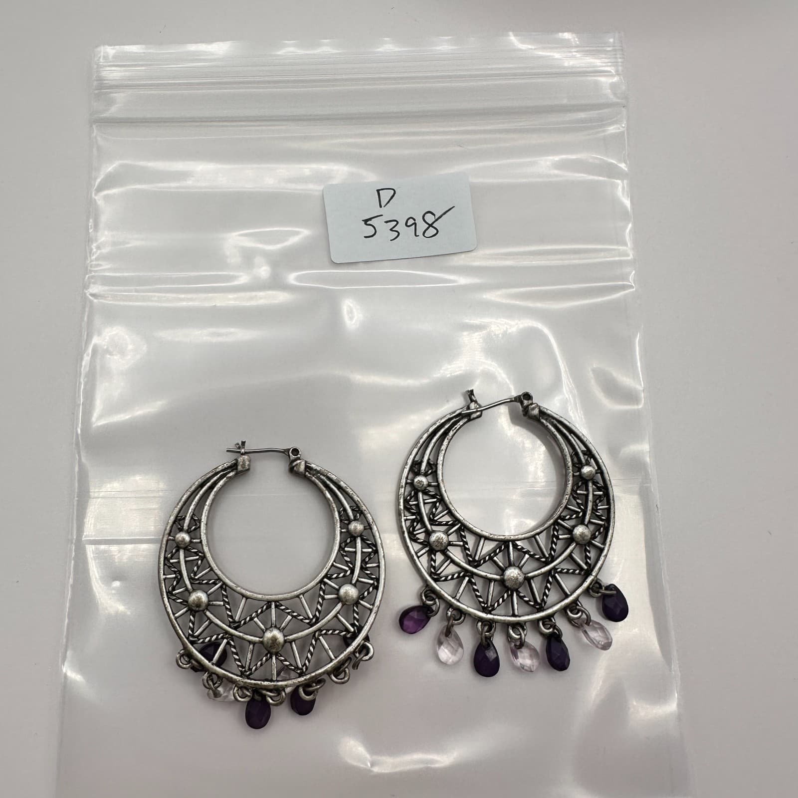 Vintage 90s Silver Tone Purple Beaded Geometric Hoop Earrings Women's Jewelry - Thumbnail 9
