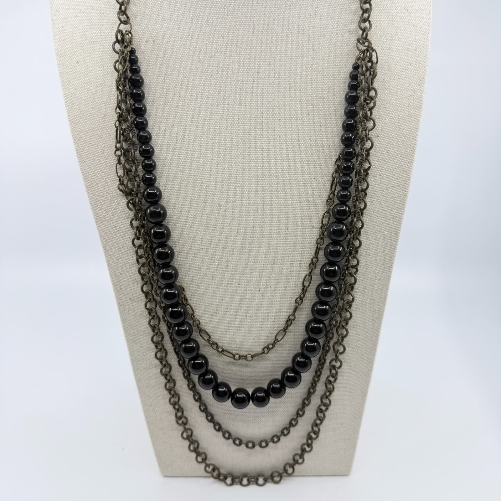 Multi Strand Layered Black Bead Necklace Antique Bronze Tone Chain Statement - Thumbnail 3