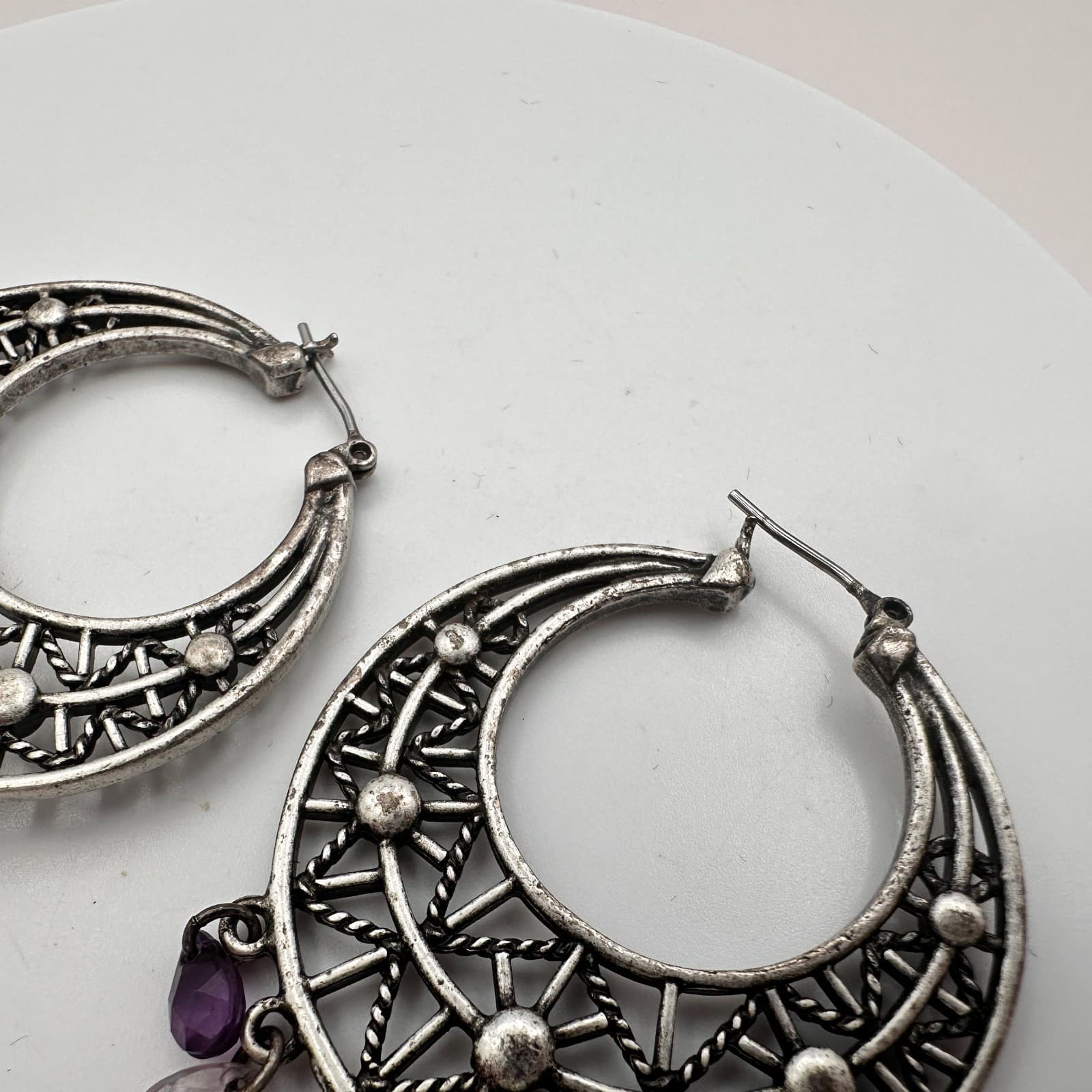 Vintage 90s Silver Tone Purple Beaded Geometric Hoop Earrings Women's Jewelry - Thumbnail 7