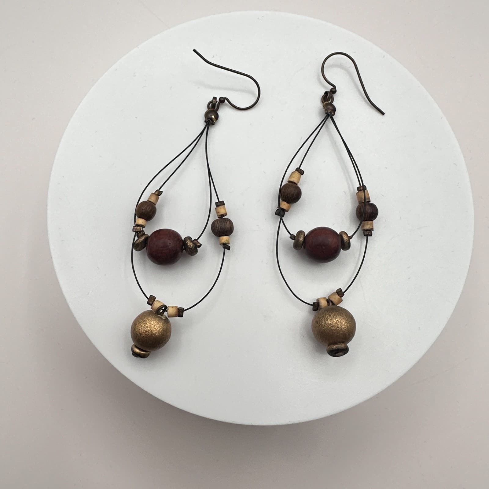 Vintage 90s Wooden Brass Tone Beaded Teardrop Dangle Earrings Women's Jewelry - Thumbnail 8