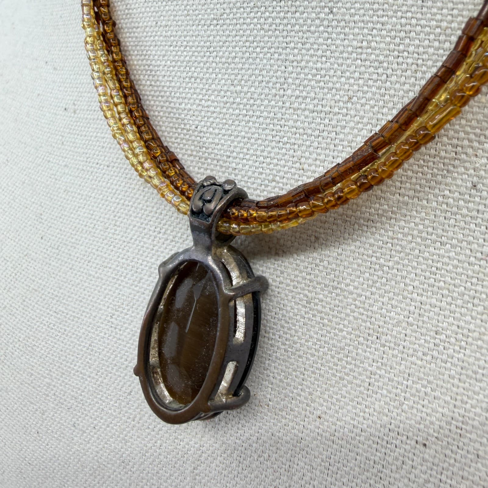 Multi-Strand Beaded Necklace with Oval Brown Gemstone Pendant Boho Statement - Thumbnail 5