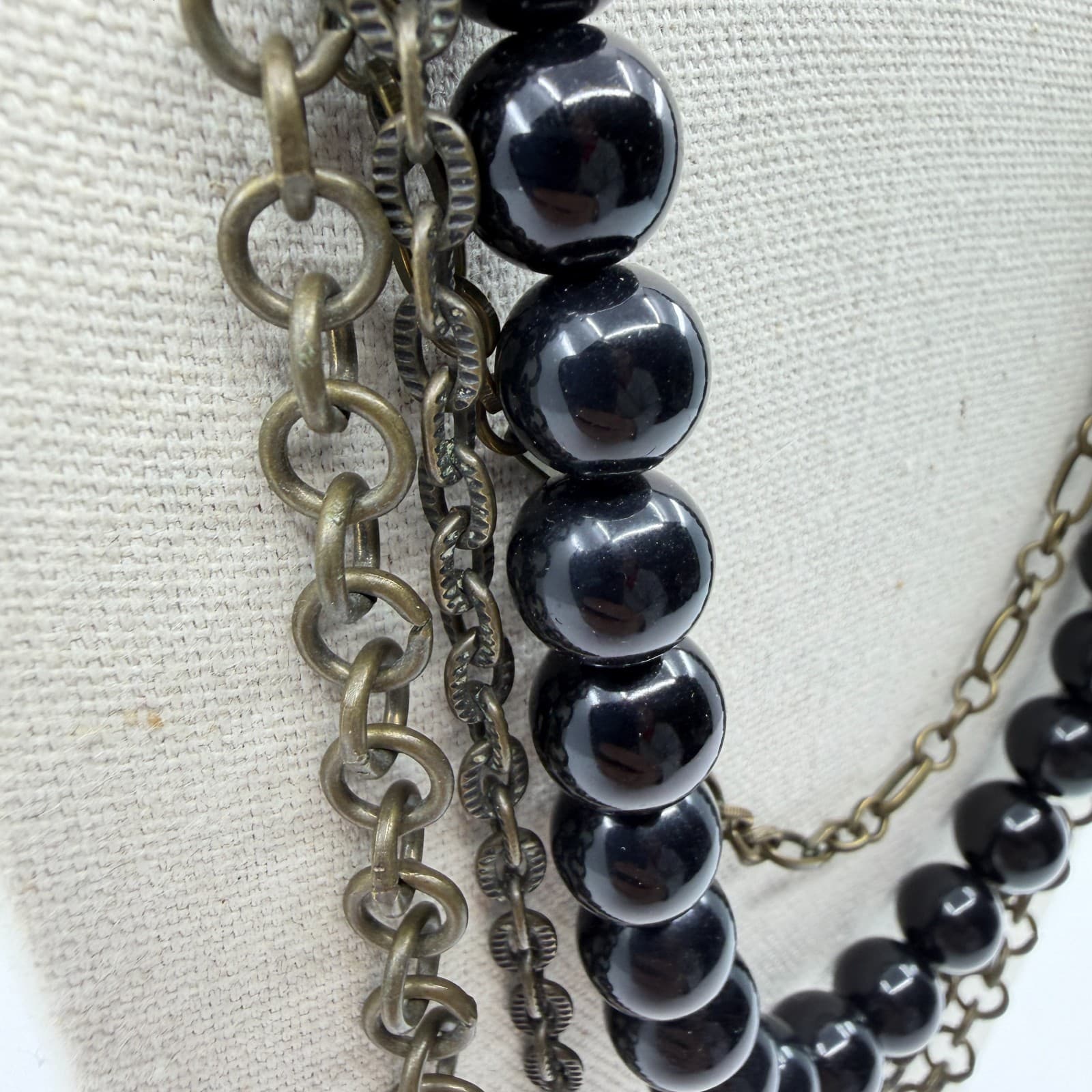 Multi Strand Layered Black Bead Necklace Antique Bronze Tone Chain Statement - Thumbnail 5