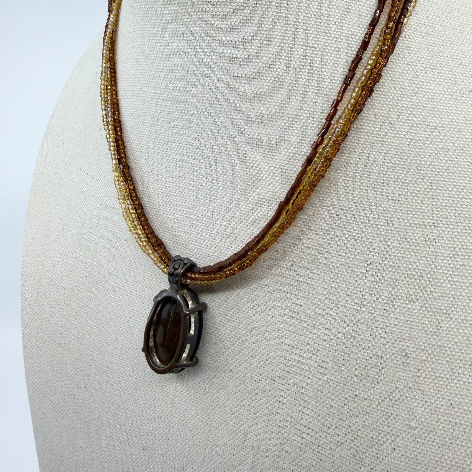 Multi-Strand Beaded Necklace with Oval Brown Gemstone Pendant Boho Statement - Thumbnail 6