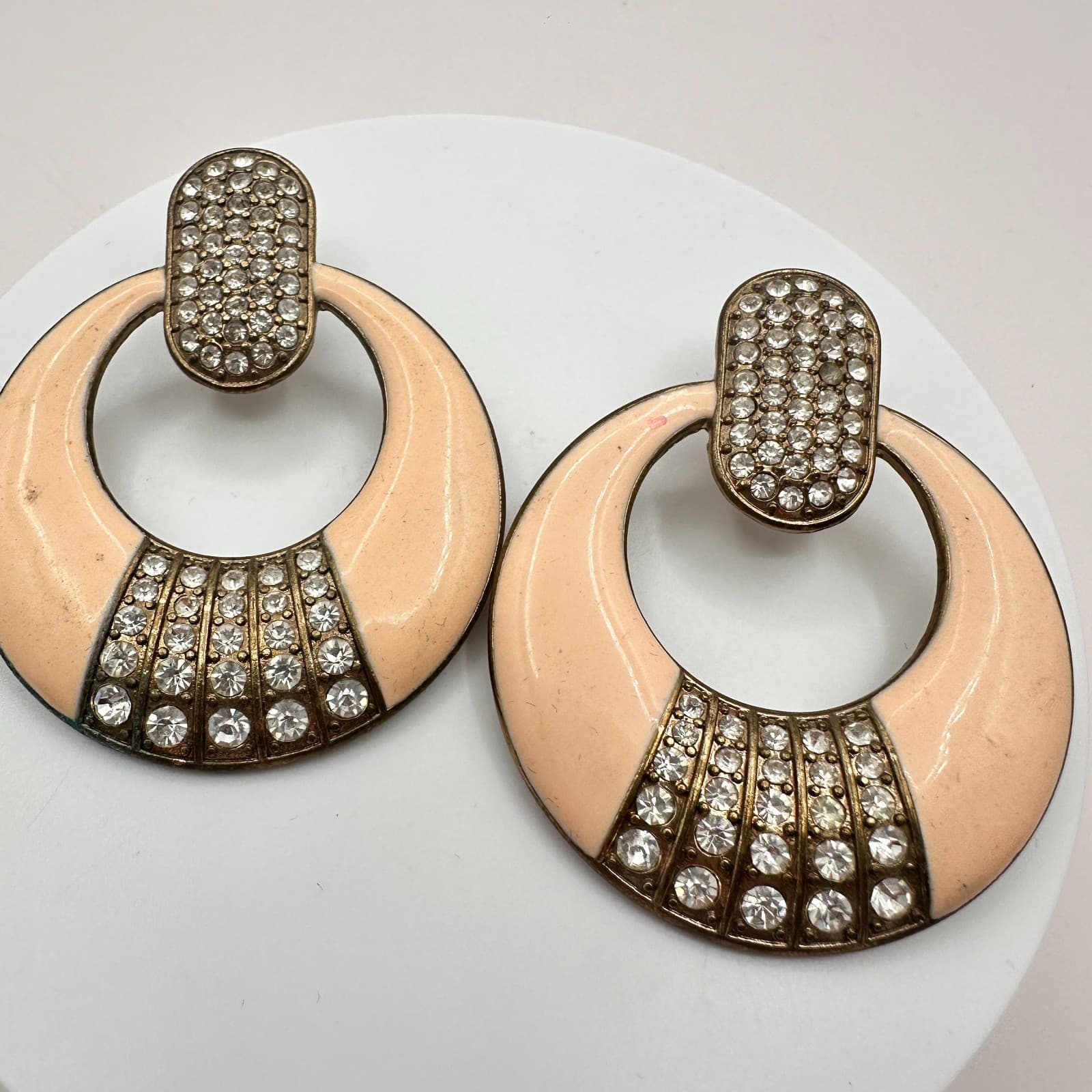 Vintage 80s Gold Tone Peach Enamel Rhinestone Door Knocker Earrings Jewelry Boho - Thumbnail 7