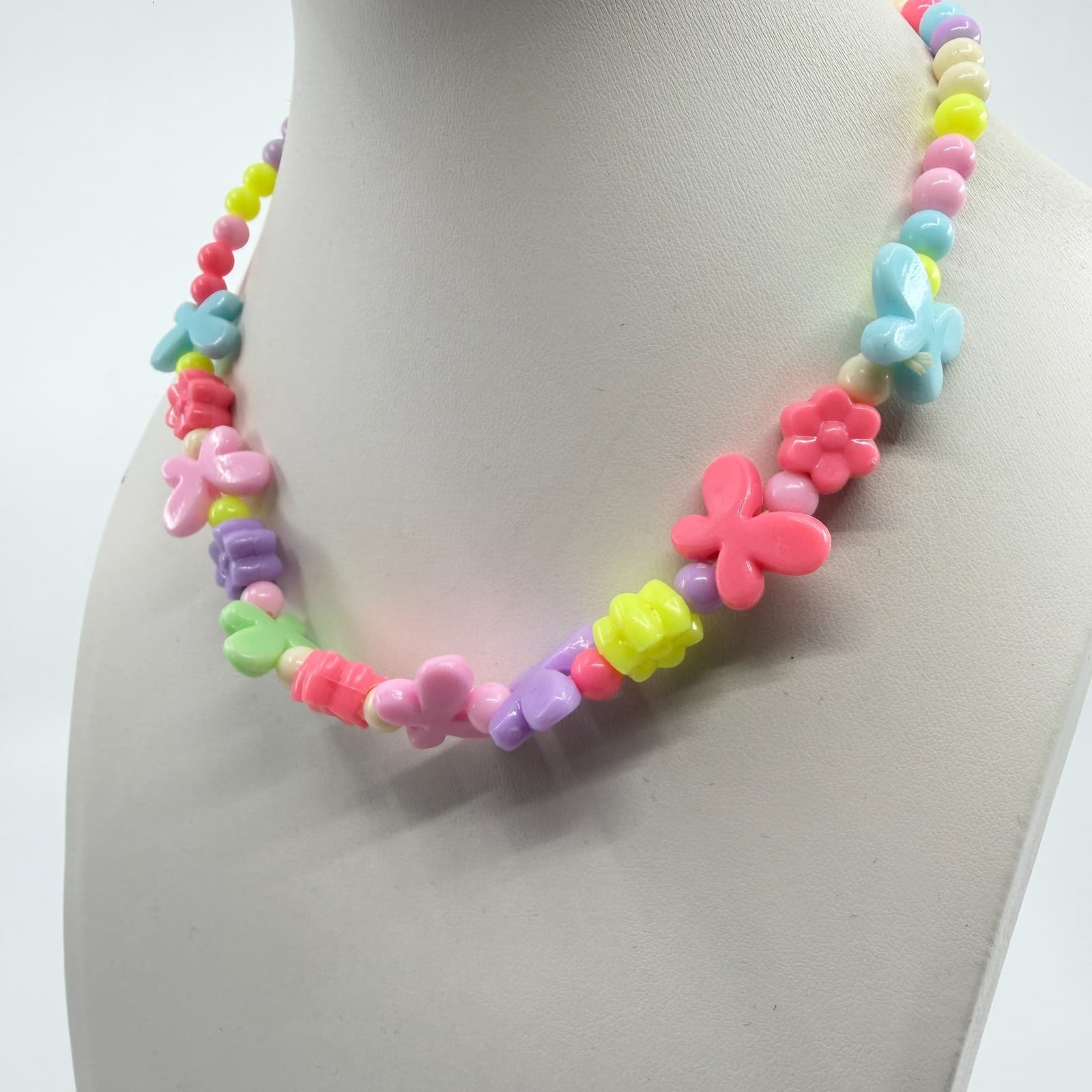 Pastel Butterfly Flower Beaded Necklace Y2K Cottagecore Fun Statement Jewelry - Thumbnail 4