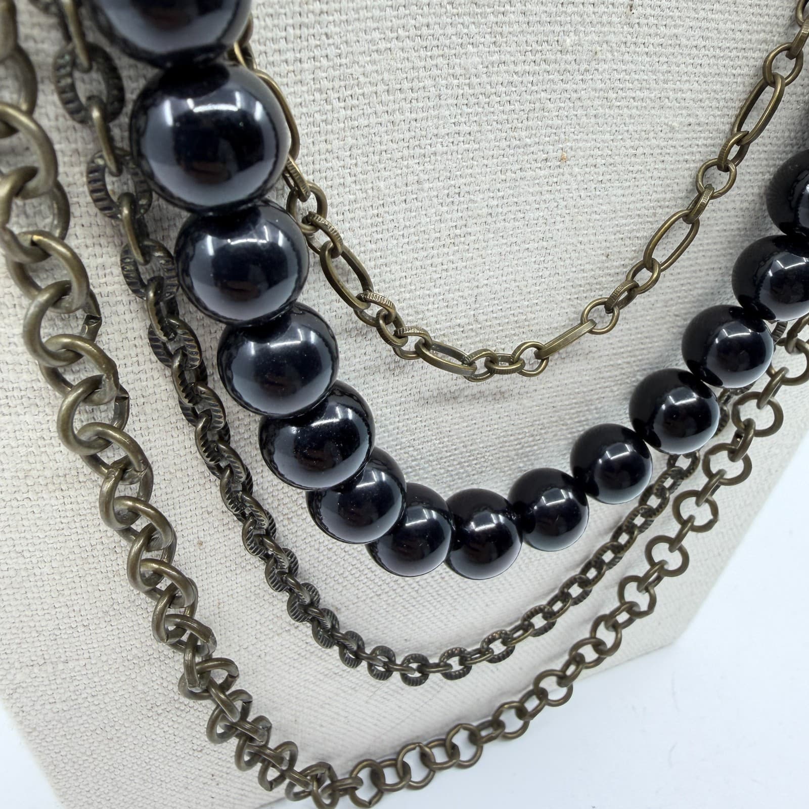 Multi Strand Layered Black Bead Necklace Antique Bronze Tone Chain Statement - Thumbnail 4