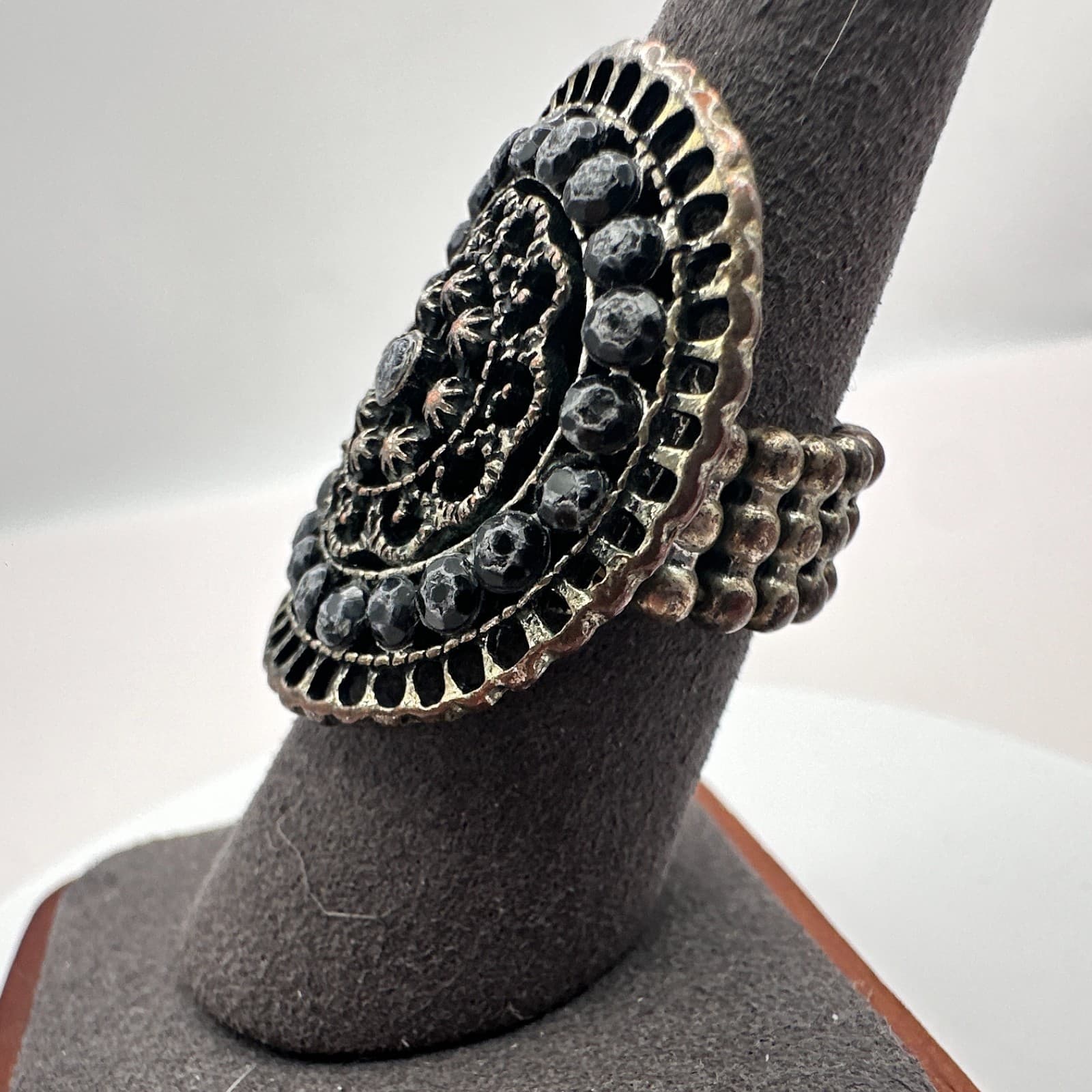 Vintage 90s Silver Tone Black Beaded Stretch Ring Statement Women's Jewelry Y2K - Thumbnail 4