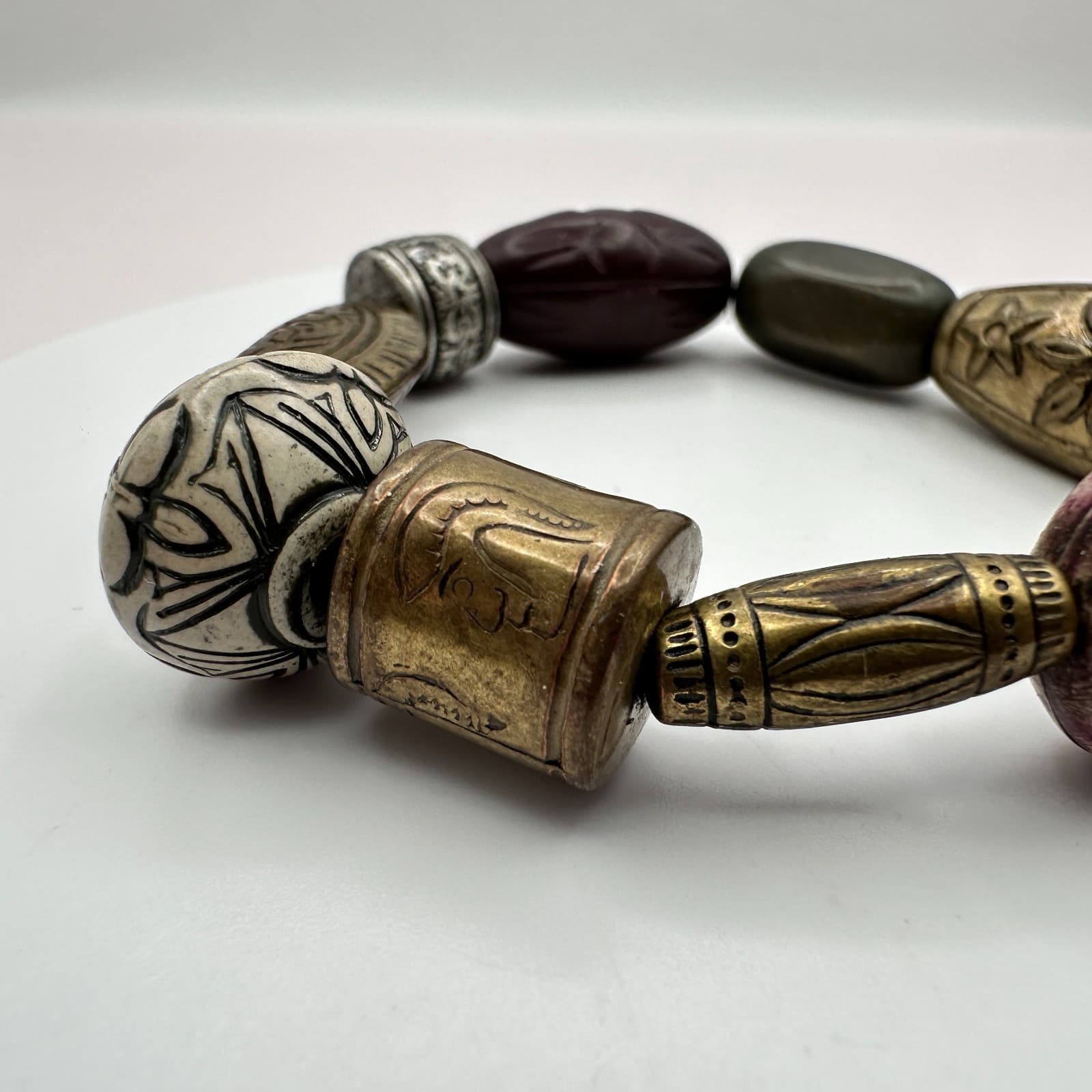 Vintage 90s Brass Tone Beaded Boho Engraved Bracelet Women's Classic Jewelry Y2K - Thumbnail 6