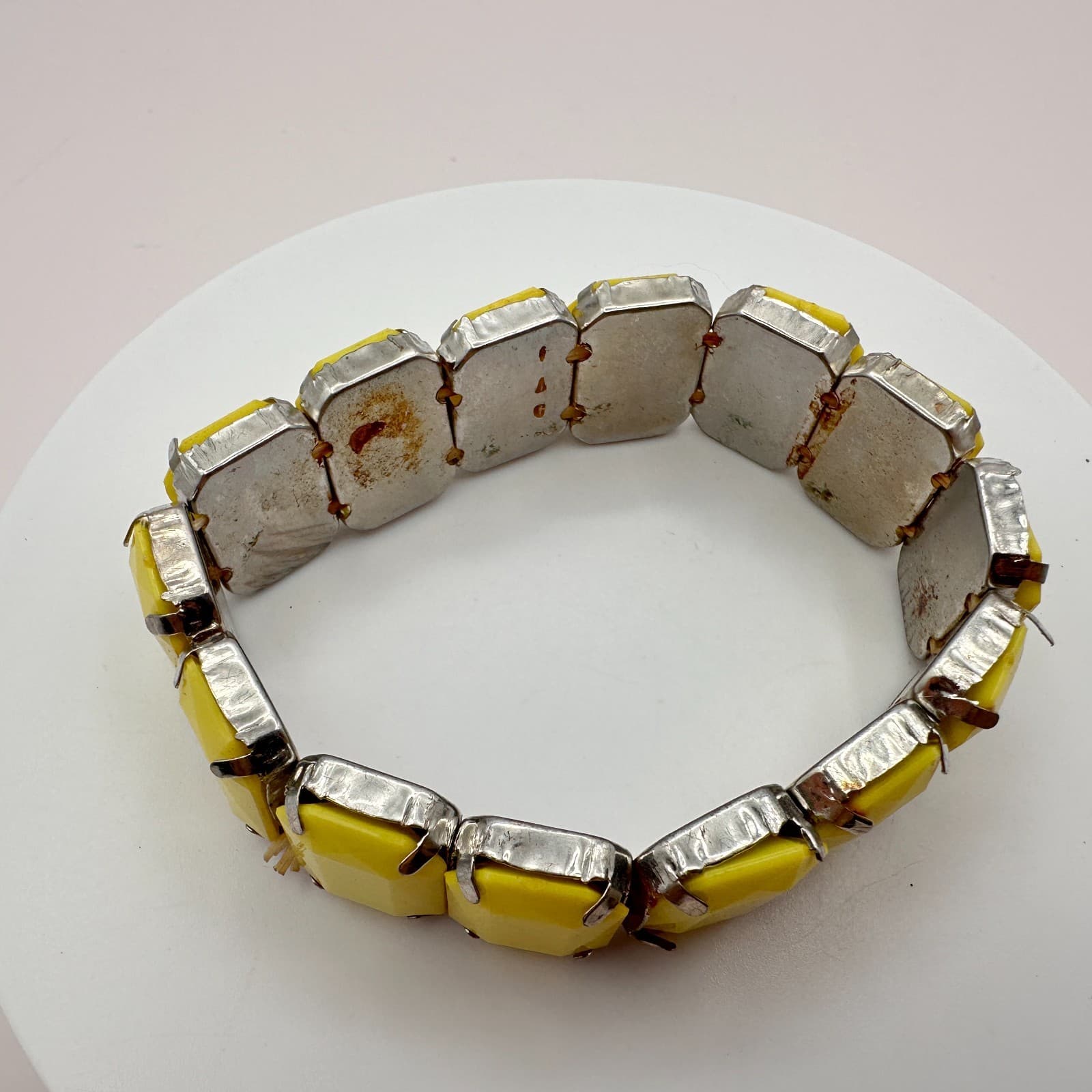 Vintage Y2K Silver Tone Yellow Glass Stretch Bracelet Statement Women's Jewelry - Thumbnail 5