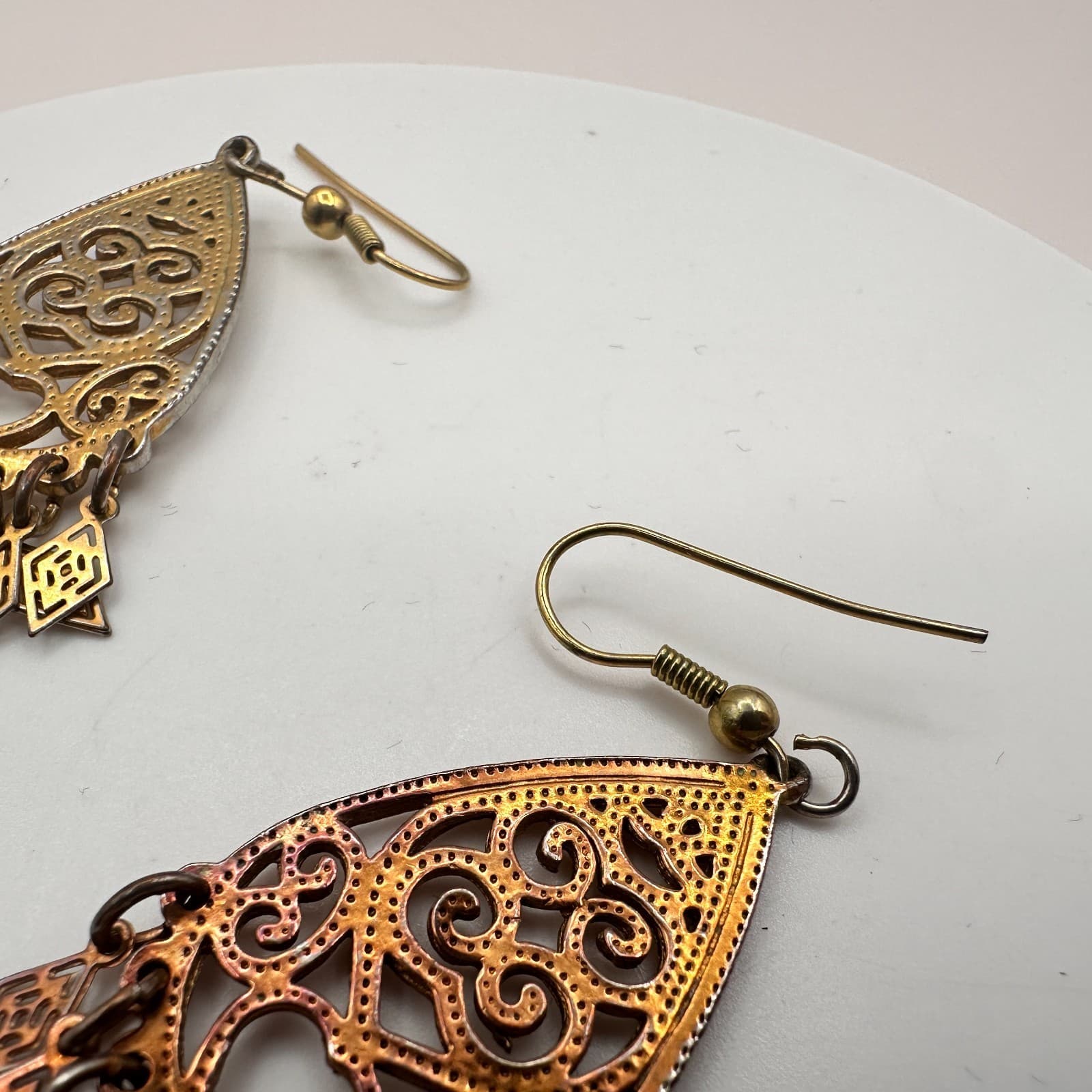 Vintage Y2K Gold Tone Filigree Teardrop Dangle Earrings Boho Women's Jewelry 90s - Thumbnail 5