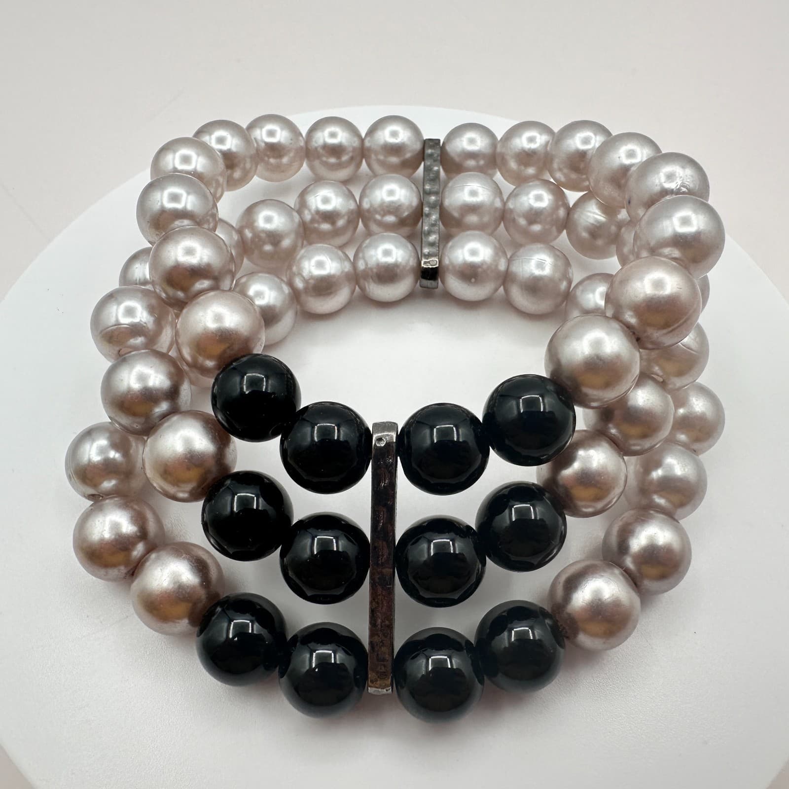 Vintage Y2K Silver-Tone Multi Strand Faux Pearl Beaded Bracelet Women's Jewelry - Thumbnail 3