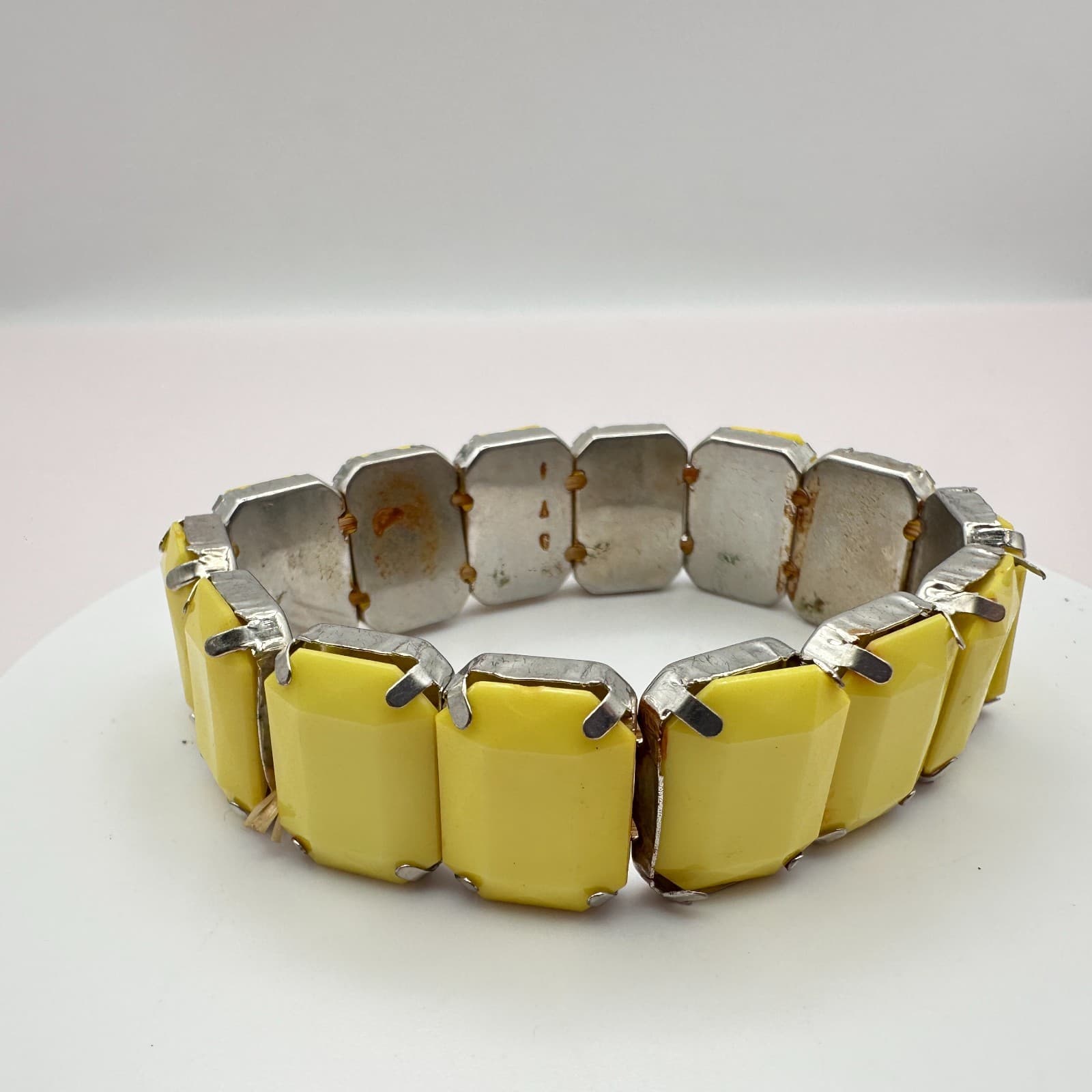 Vintage Y2K Silver Tone Yellow Glass Stretch Bracelet Statement Women's Jewelry - Thumbnail 2