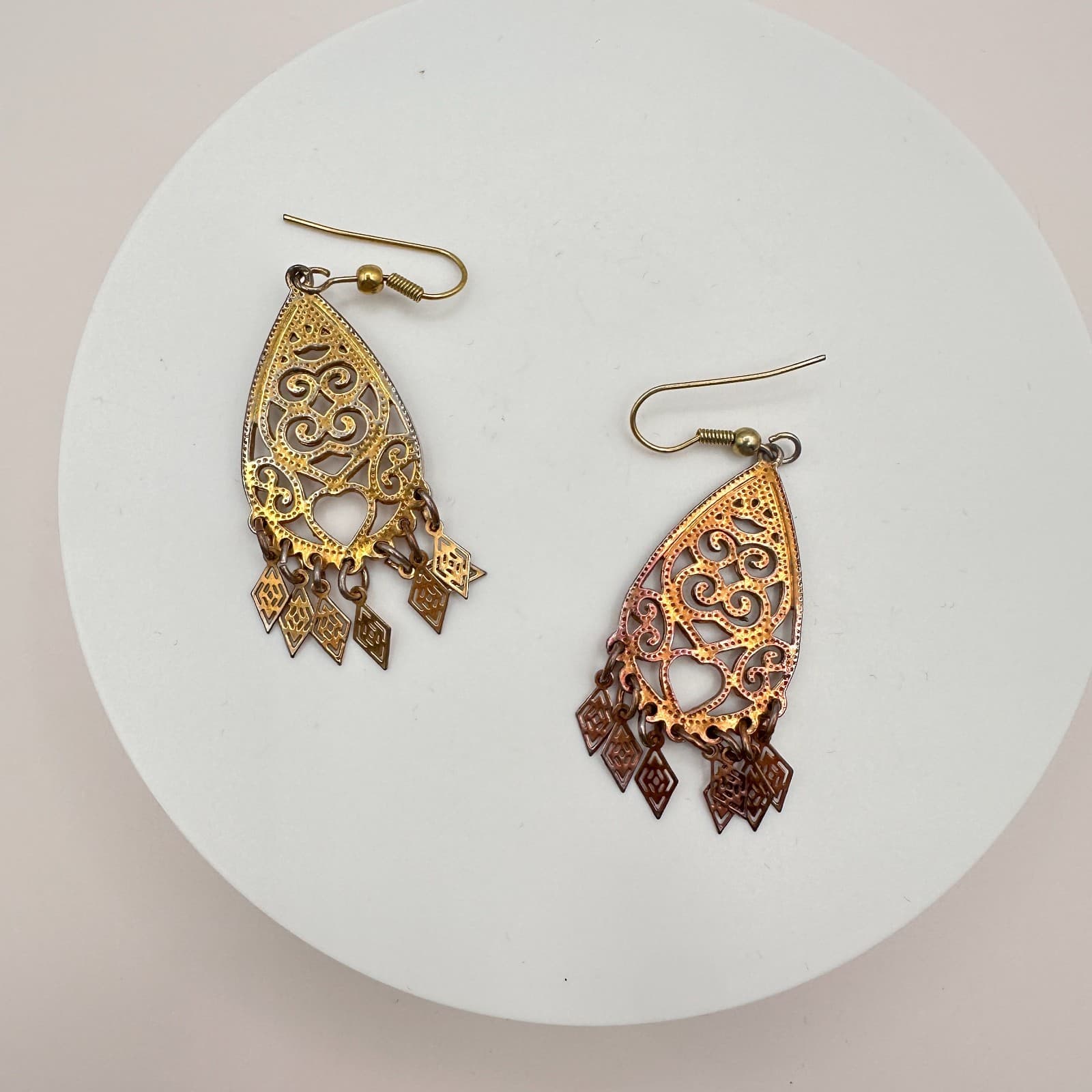 Vintage Y2K Gold Tone Filigree Teardrop Dangle Earrings Boho Women's Jewelry 90s - Thumbnail 3