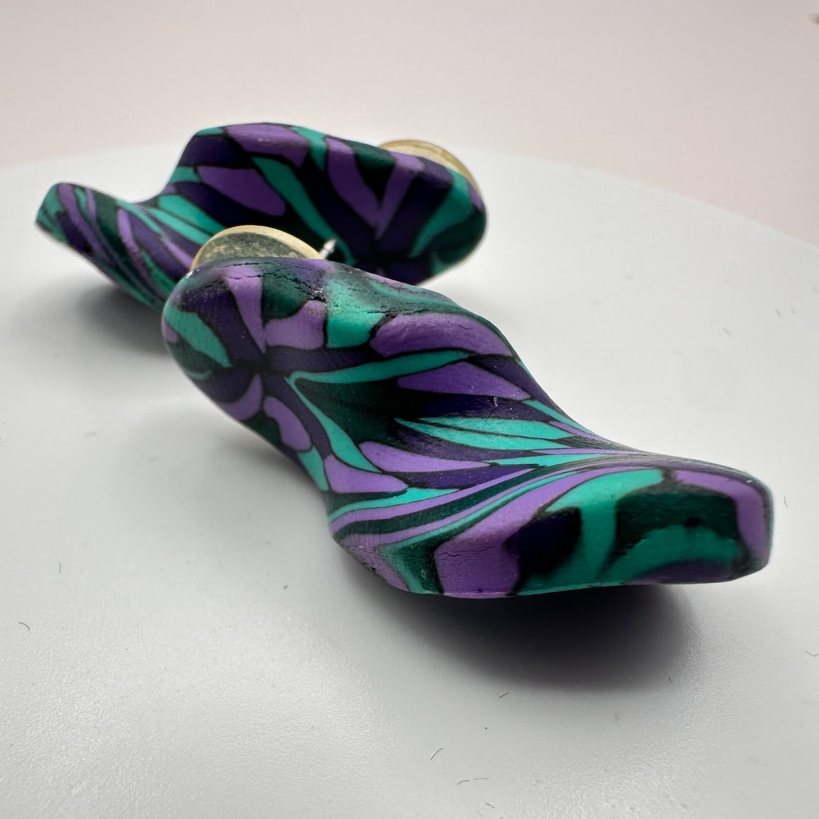 Vintage 90s Purple Teal Polymer Clay Abstract Swirl Stud Earrings Boho Jewelry - Thumbnail 4
