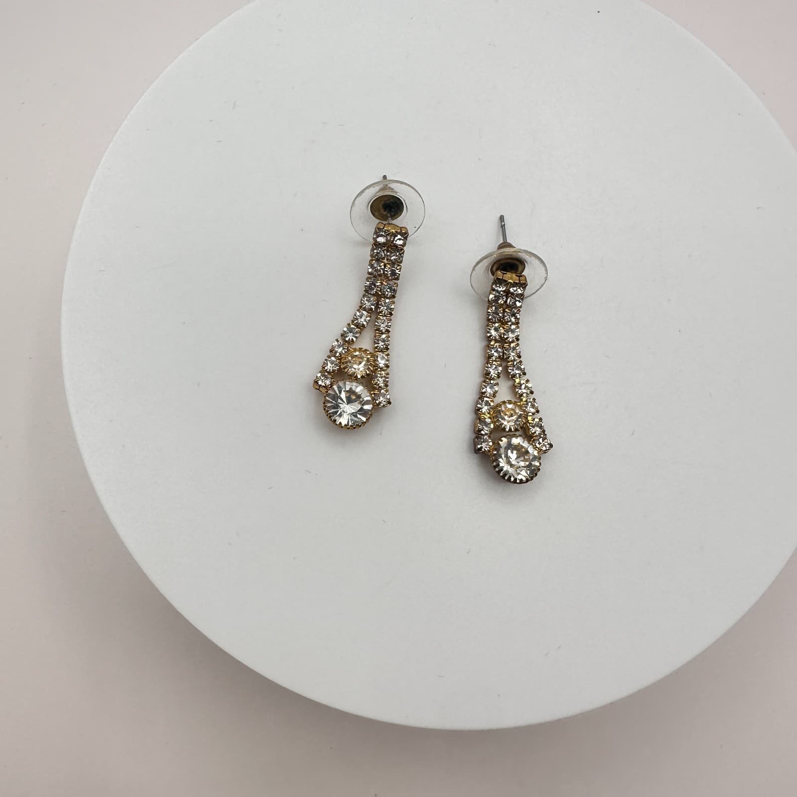 Vintage 90s Gold Tone Rhinestone Dangle Earrings Women's Classic Jewelry Retro - Thumbnail 5