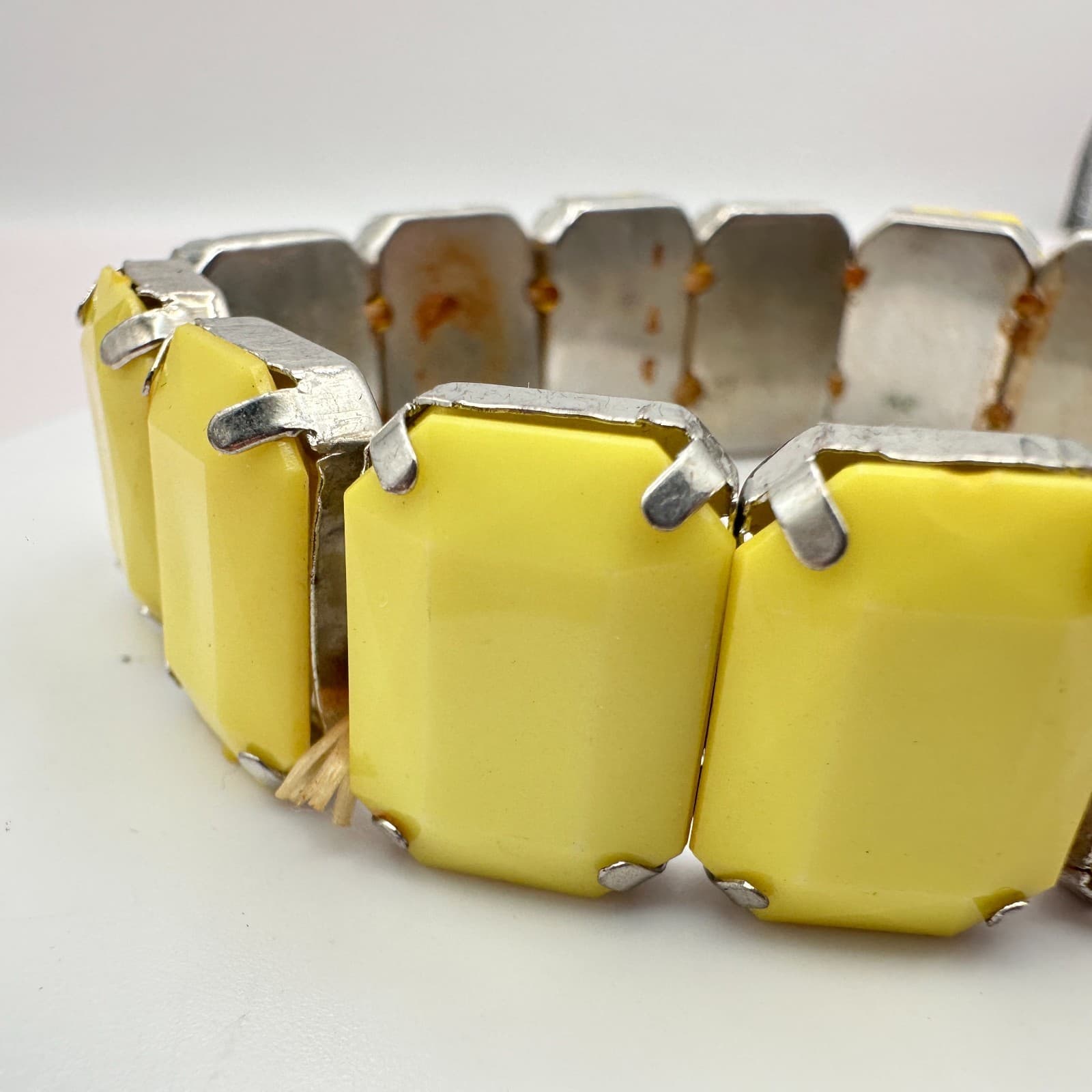 Vintage Y2K Silver Tone Yellow Glass Stretch Bracelet Statement Women's Jewelry - Thumbnail 4
