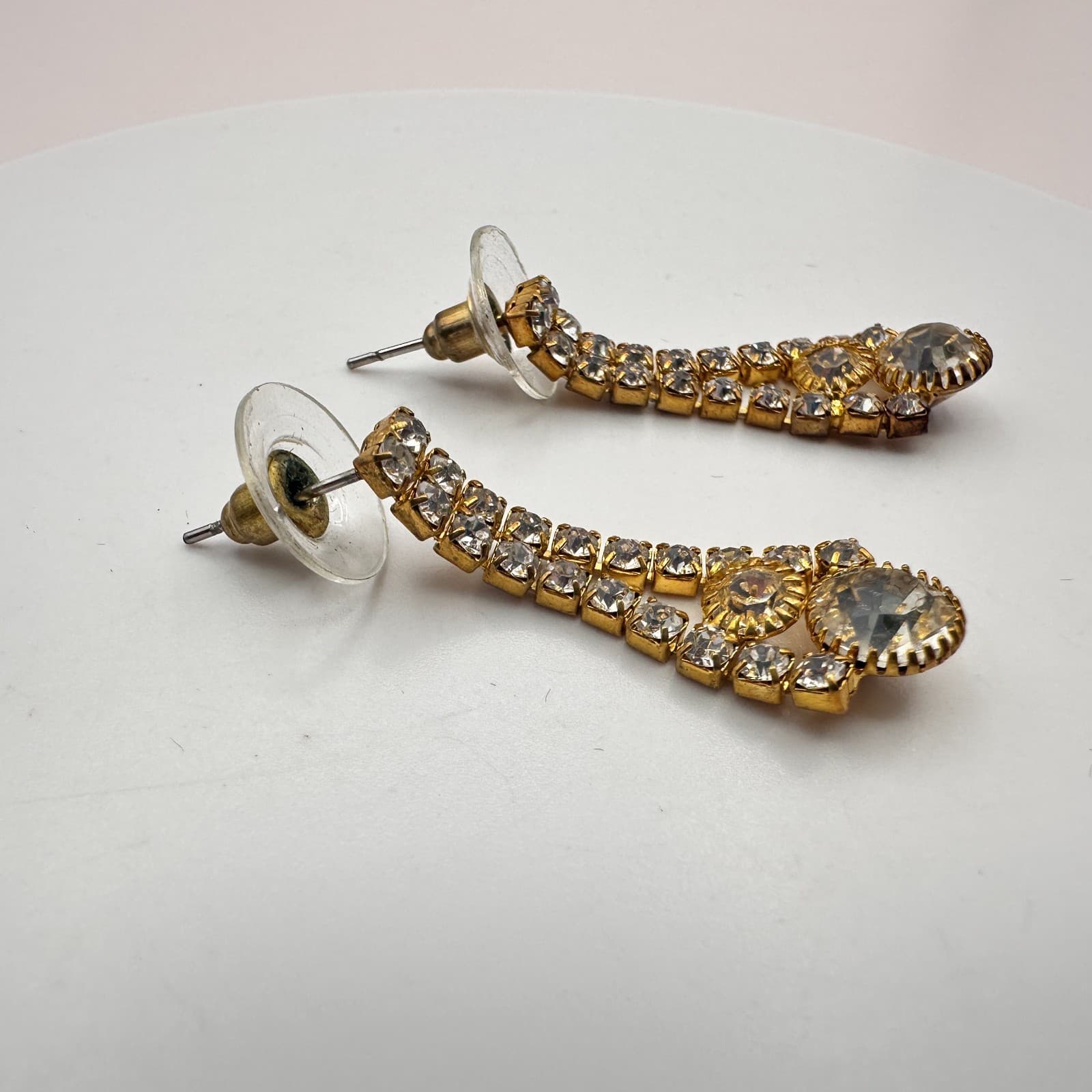 Vintage 90s Gold Tone Rhinestone Dangle Earrings Women's Classic Jewelry Retro - Thumbnail 3