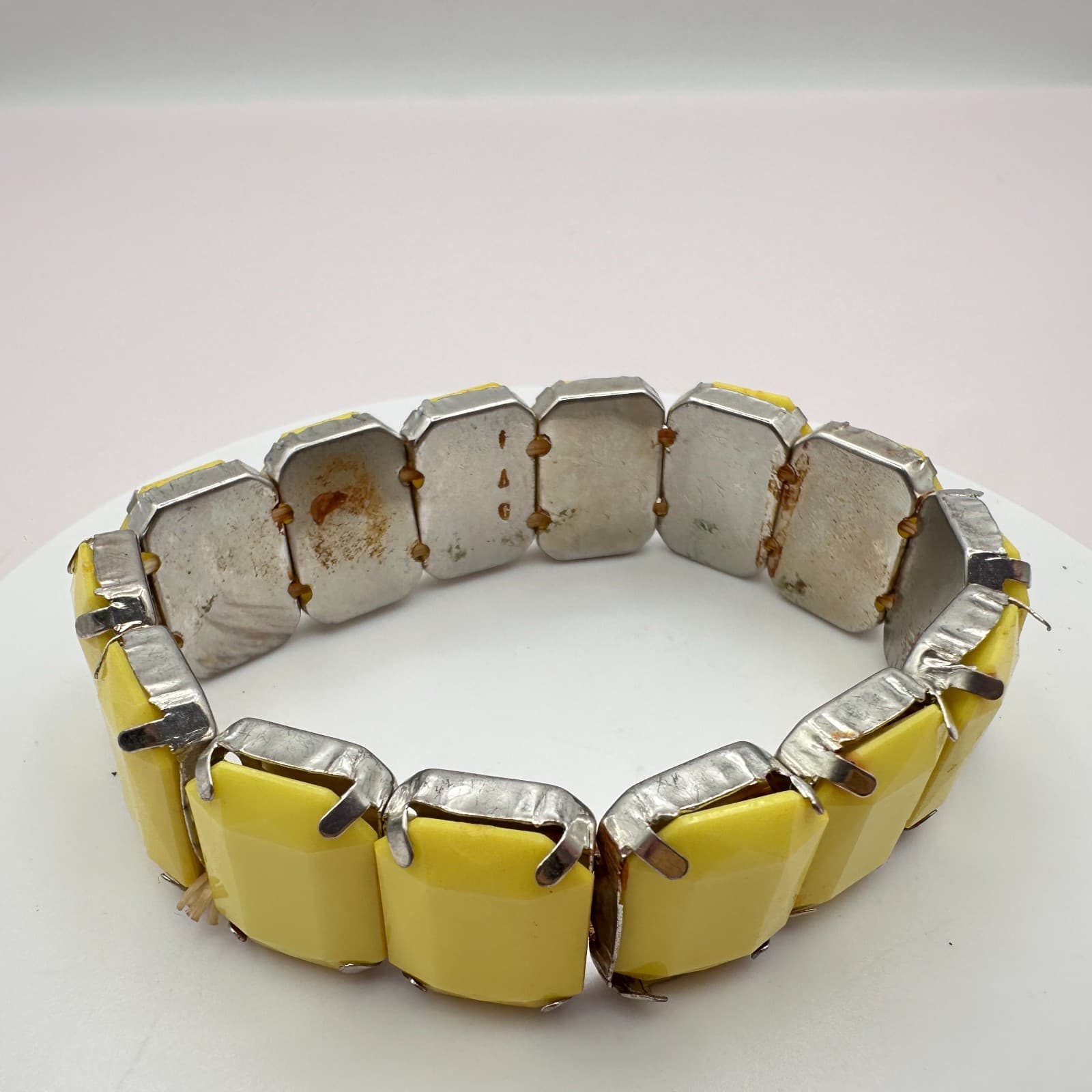 Vintage Y2K Silver Tone Yellow Glass Stretch Bracelet Statement Women's Jewelry - Thumbnail 3