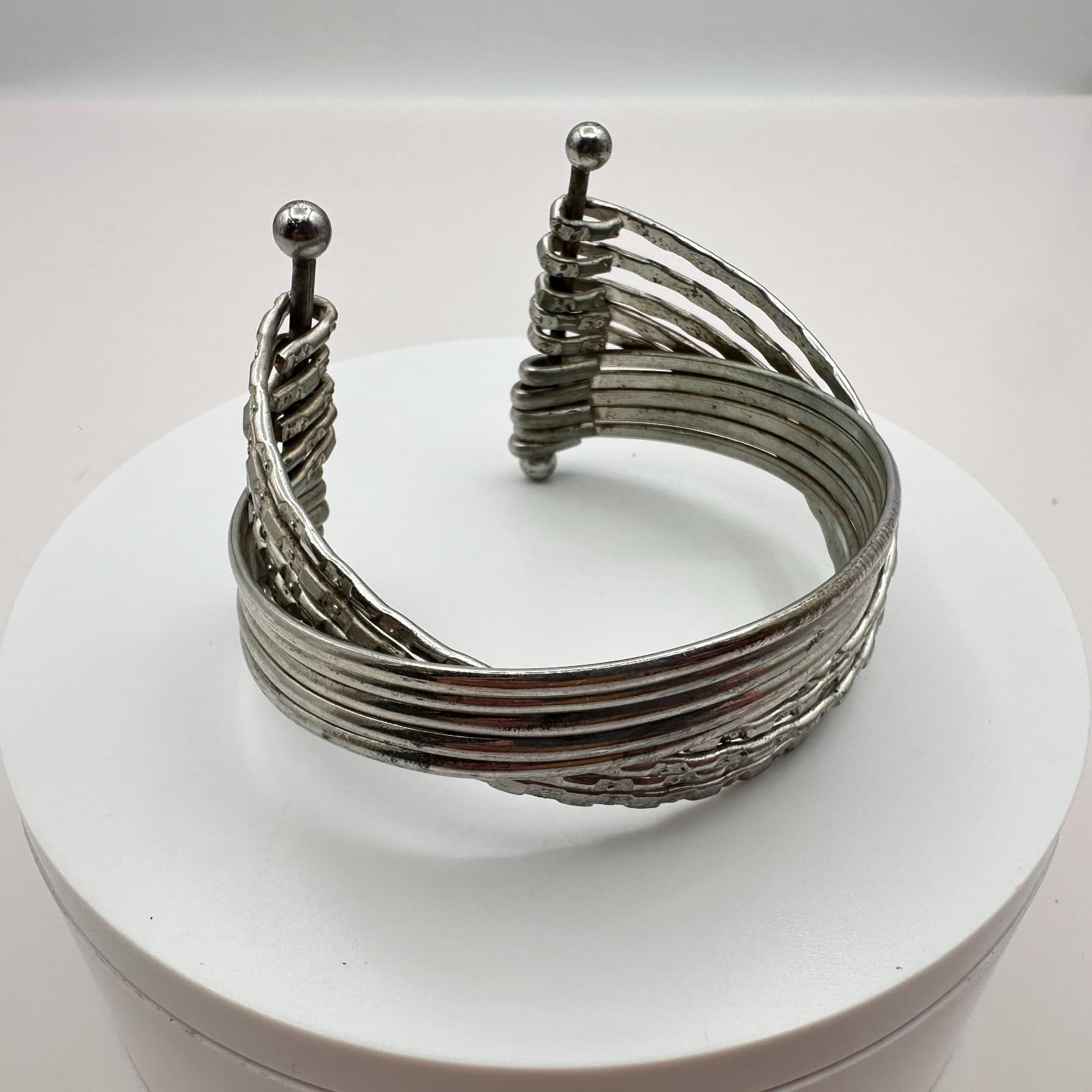 Vintage Y2K Silver Tone Multi Strand Cuff Bracelet Textured Layered Boho Jewelry - Thumbnail 3
