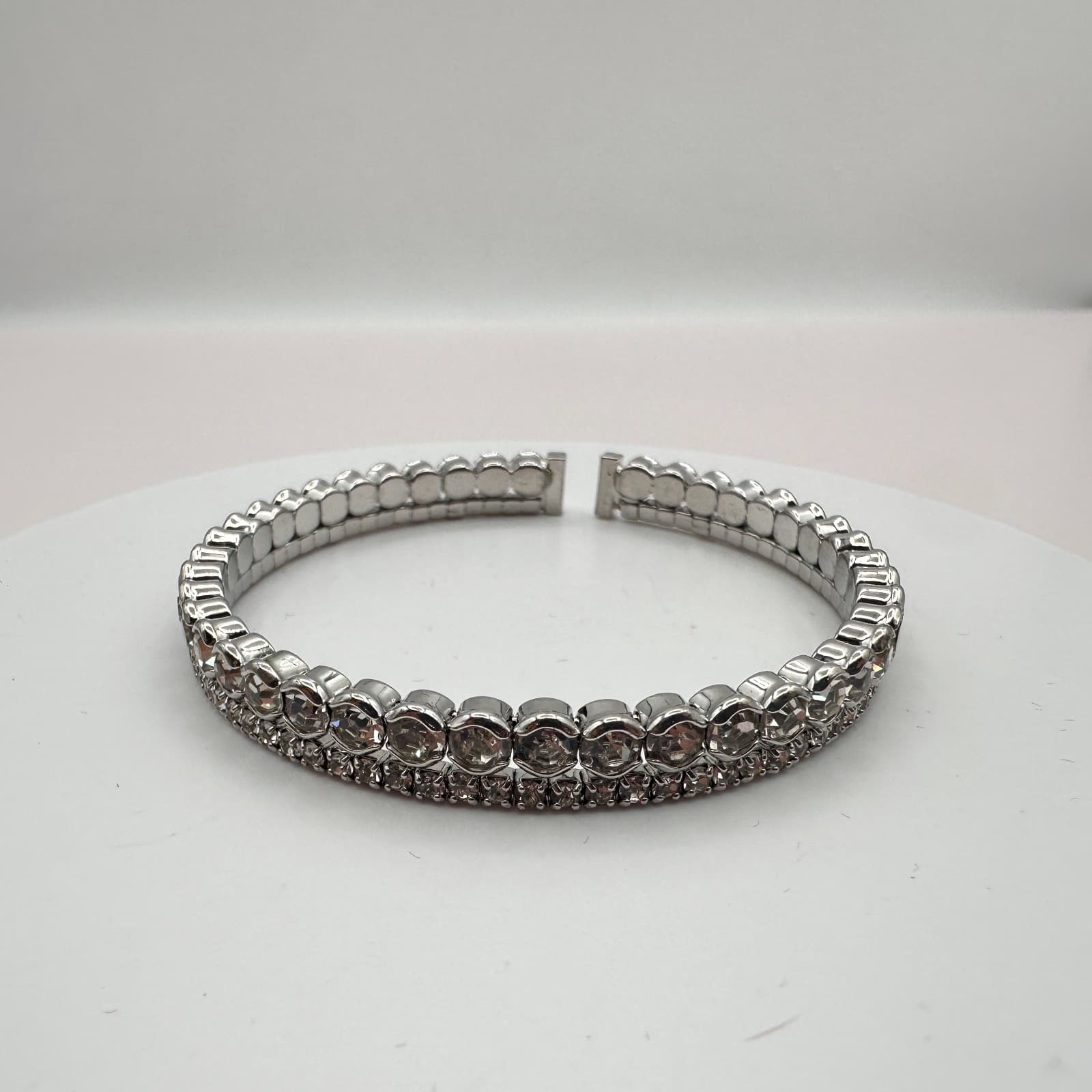 Vintage 90s Silver Tone Double Row Rhinestone Cuff Bracelet Women's Jewelry Boho - Thumbnail 6