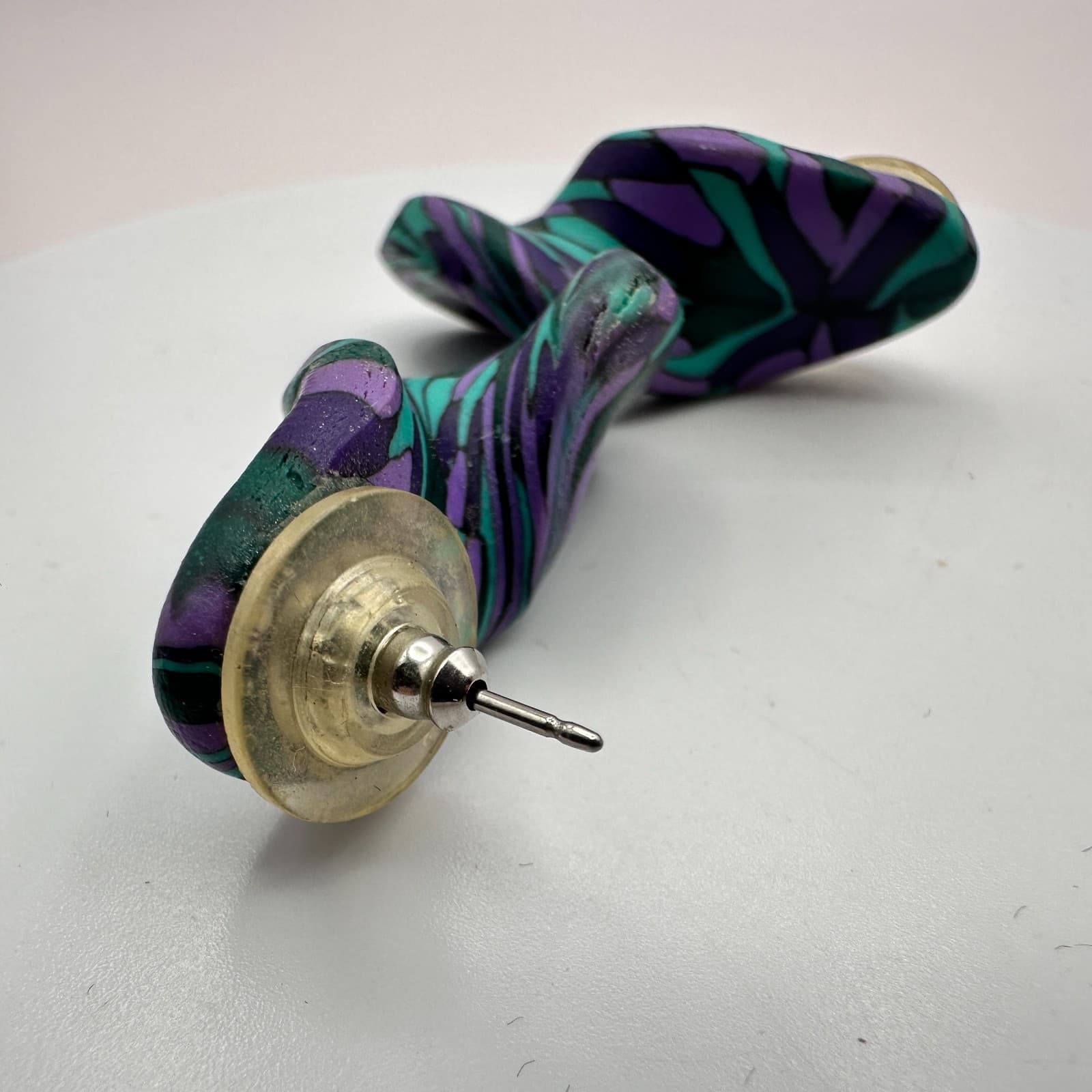 Vintage 90s Purple Teal Polymer Clay Abstract Swirl Stud Earrings Boho Jewelry - Thumbnail 3