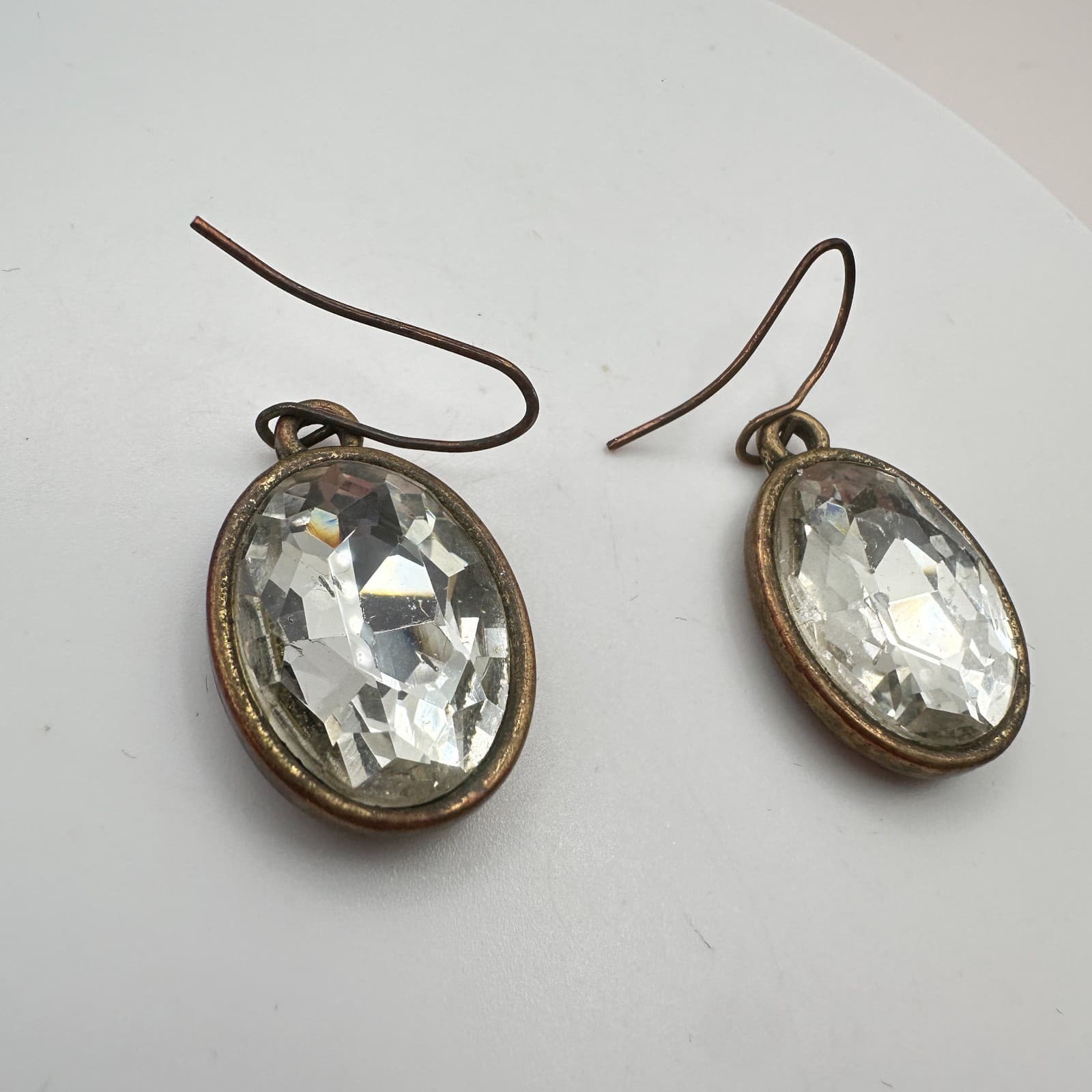 Vintage 90s Bronze Tone Clear Oval Glass Drop Dangle Earrings Fashion Jewelry - Thumbnail 6