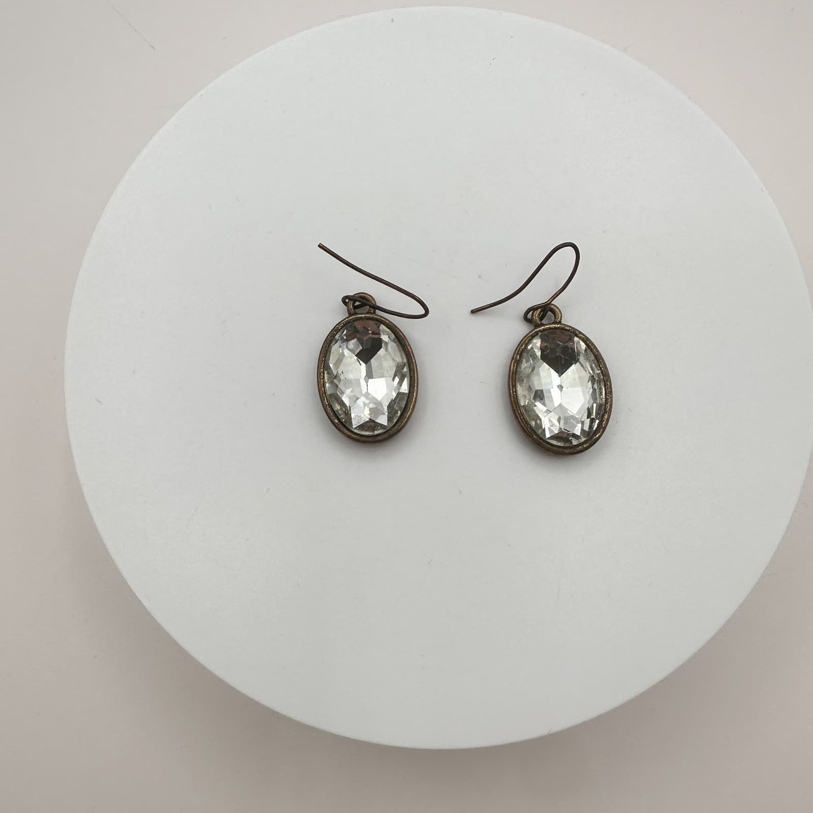 Vintage 90s Bronze Tone Clear Oval Glass Drop Dangle Earrings Fashion Jewelry - Thumbnail 5