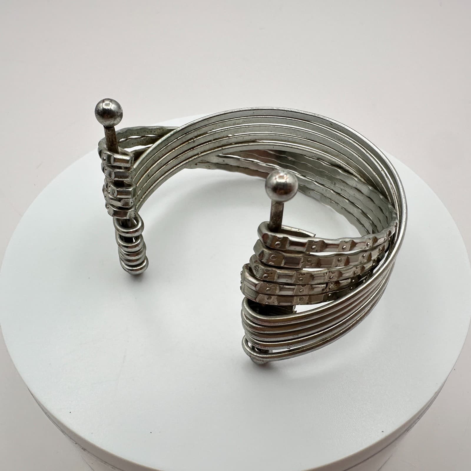 Vintage Y2K Silver Tone Multi Strand Cuff Bracelet Textured Layered Boho Jewelry - Thumbnail 5