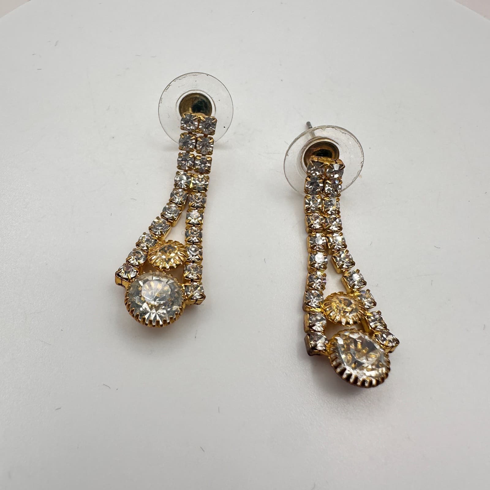 Vintage 90s Gold Tone Rhinestone Dangle Earrings Women's Classic Jewelry Retro - Thumbnail 2