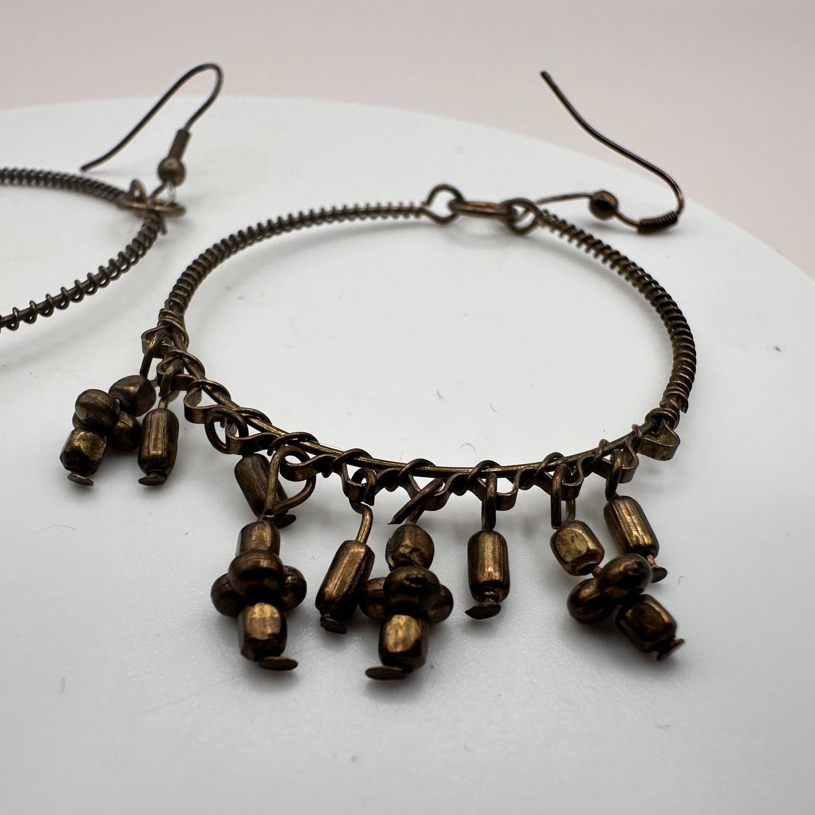Vintage Y2K Bronze Tone Beaded Hoop Dangle Earrings Boho Women's Classic Jewelry - Thumbnail 4