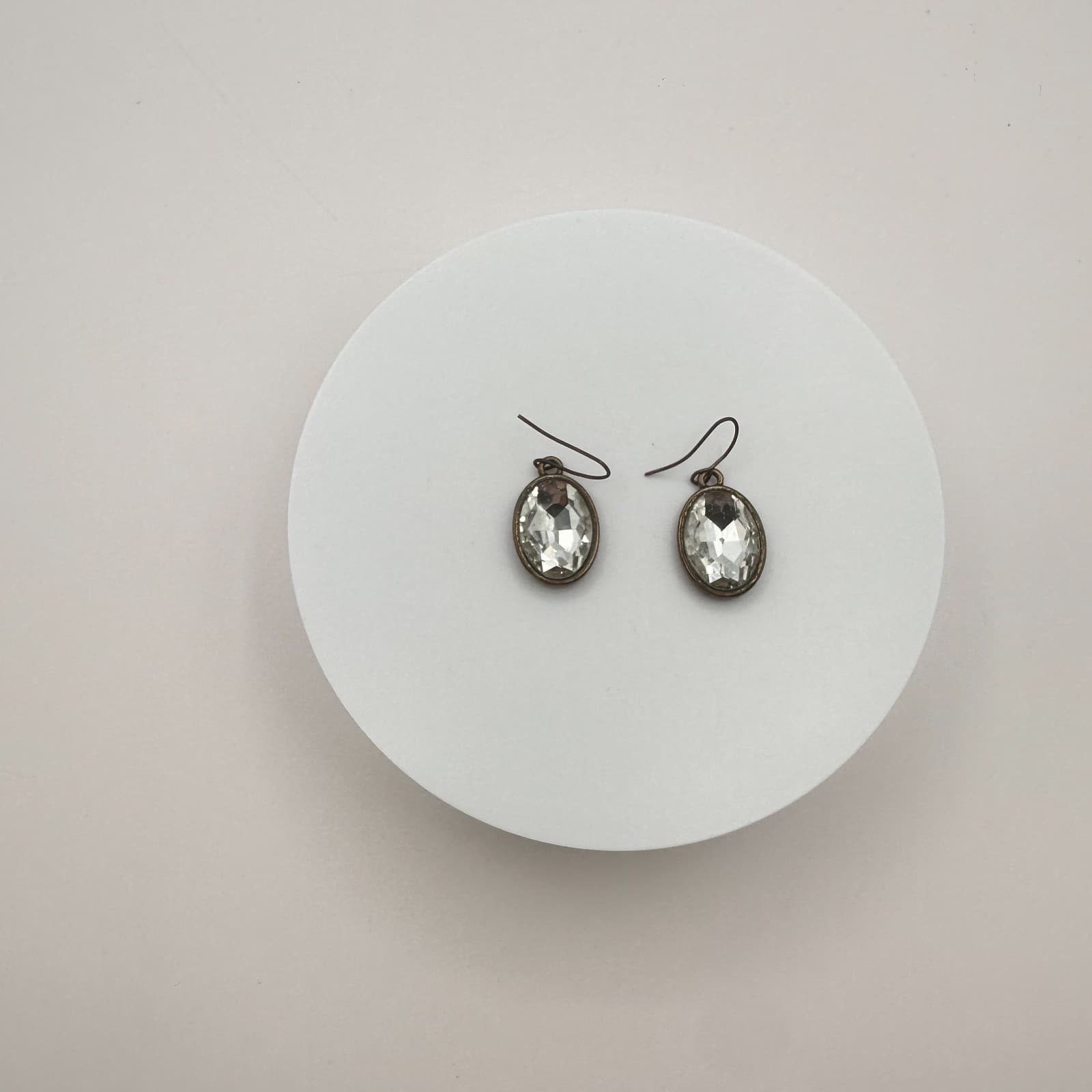 Vintage 90s Bronze Tone Clear Oval Glass Drop Dangle Earrings Fashion Jewelry - Thumbnail 4
