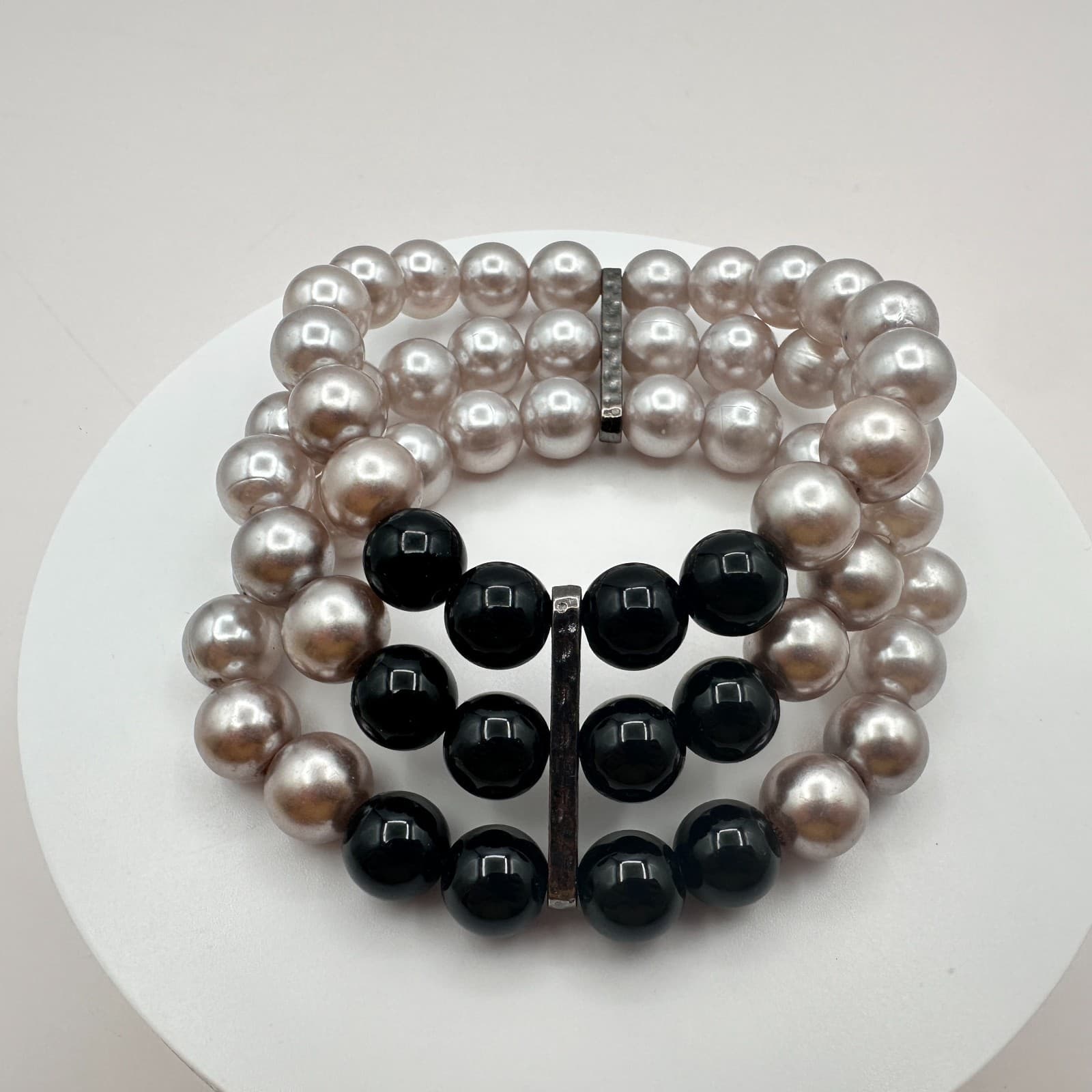Vintage Y2K Silver-Tone Multi Strand Faux Pearl Beaded Bracelet Women's Jewelry - Thumbnail 2