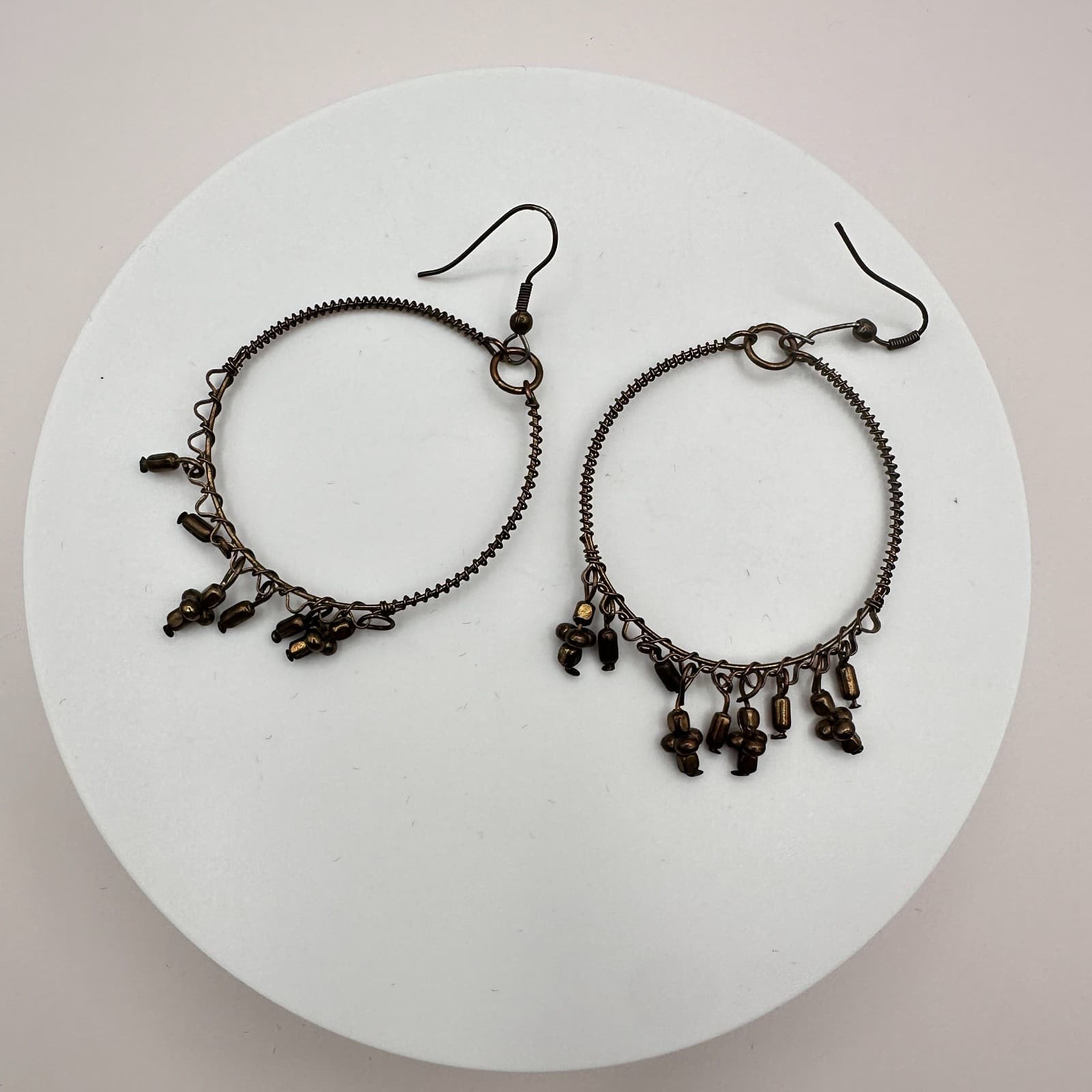 Vintage Y2K Bronze Tone Beaded Hoop Dangle Earrings Boho Women's Classic Jewelry - Thumbnail 3