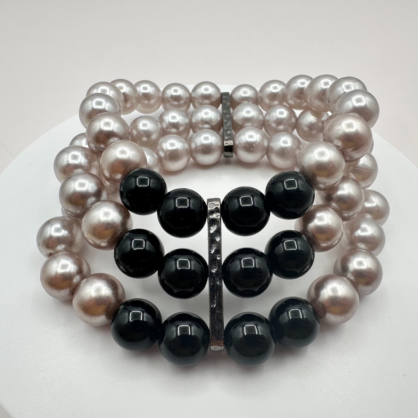 Vintage Y2K Silver-Tone Multi Strand Faux Pearl Beaded Bracelet Women's Jewelry - Thumbnail 5