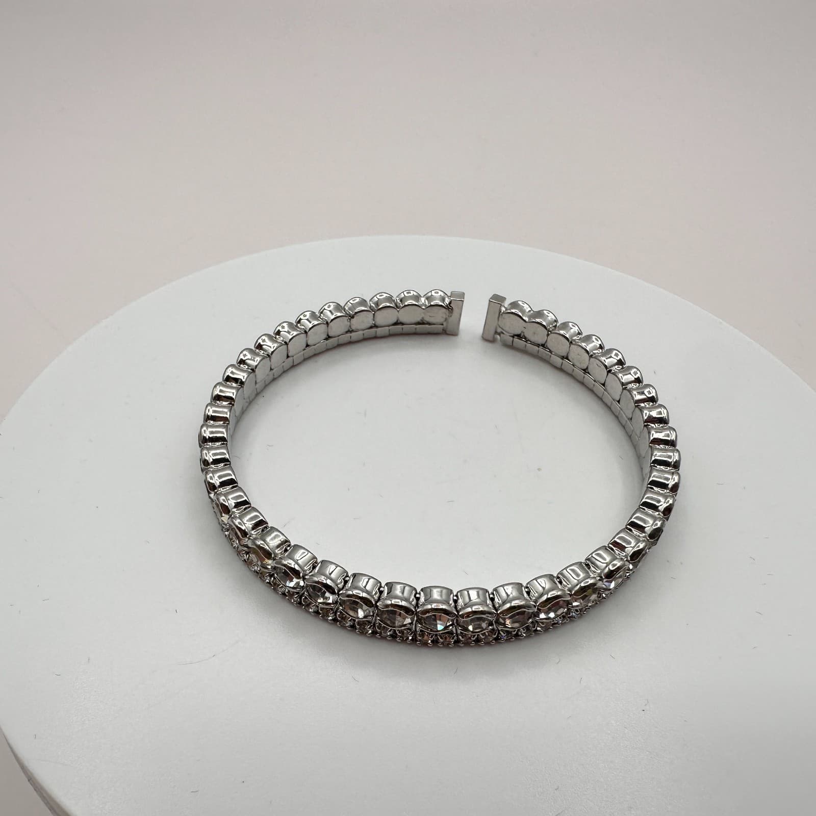 Vintage 90s Silver Tone Double Row Rhinestone Cuff Bracelet Women's Jewelry Boho - Thumbnail 3