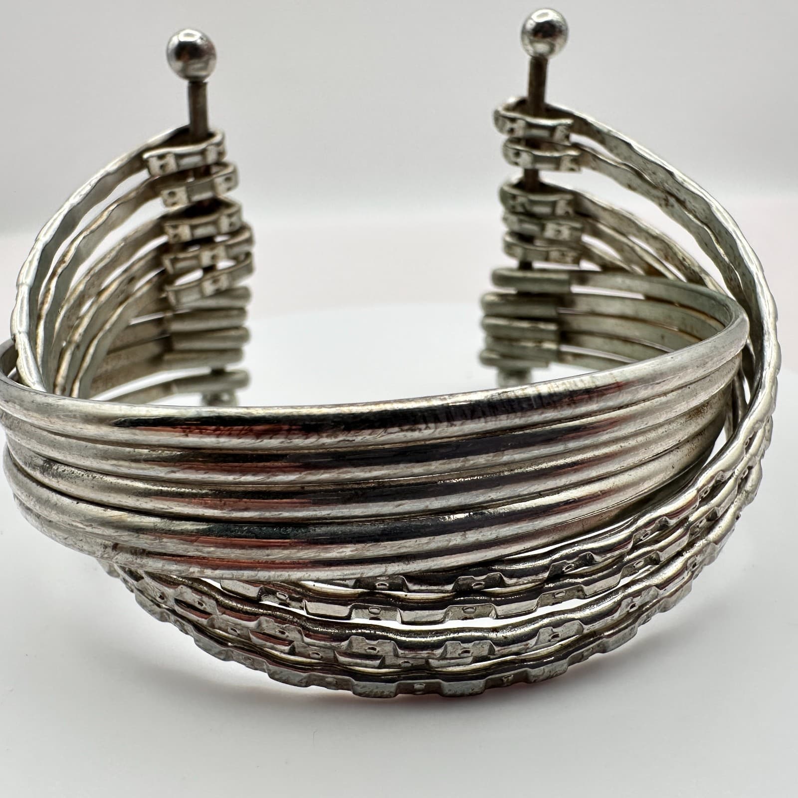 Vintage Y2K Silver Tone Multi Strand Cuff Bracelet Textured Layered Boho Jewelry - Thumbnail 2