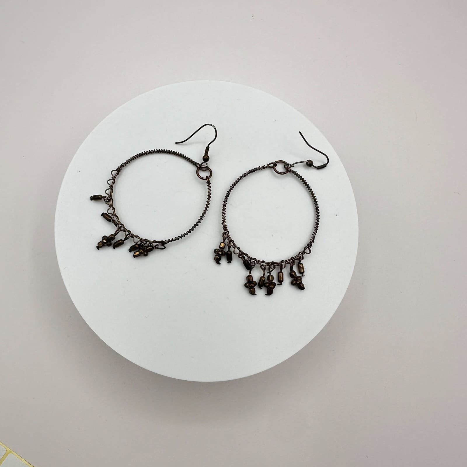 Vintage Y2K Bronze Tone Beaded Hoop Dangle Earrings Boho Women's Classic Jewelry - Thumbnail 2