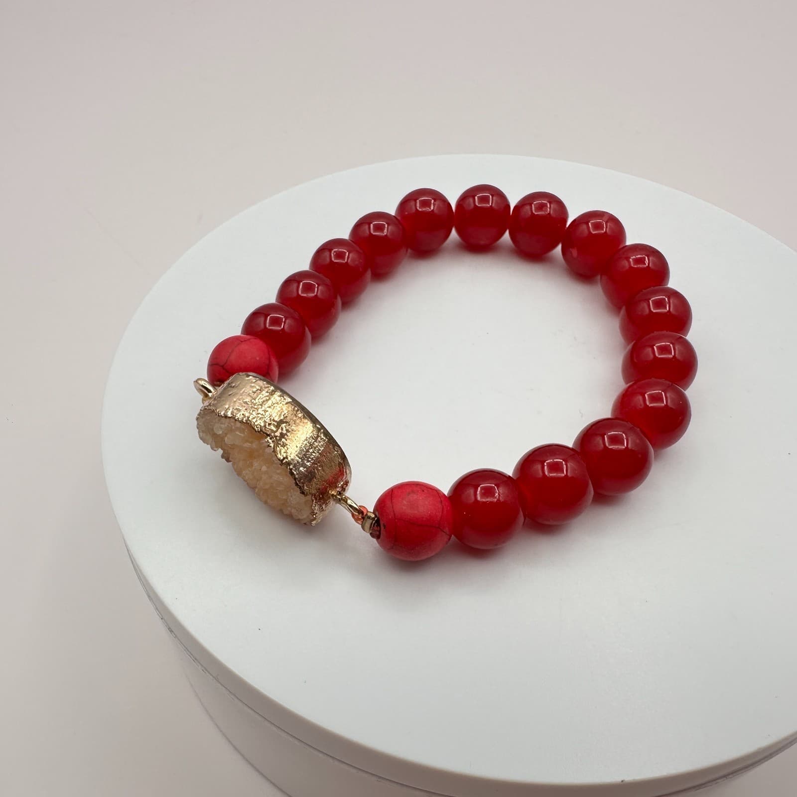 Vintage Gold Tone Chunky Beaded Bracelet Statement Boho Red Orange Faux Stone - Thumbnail 6