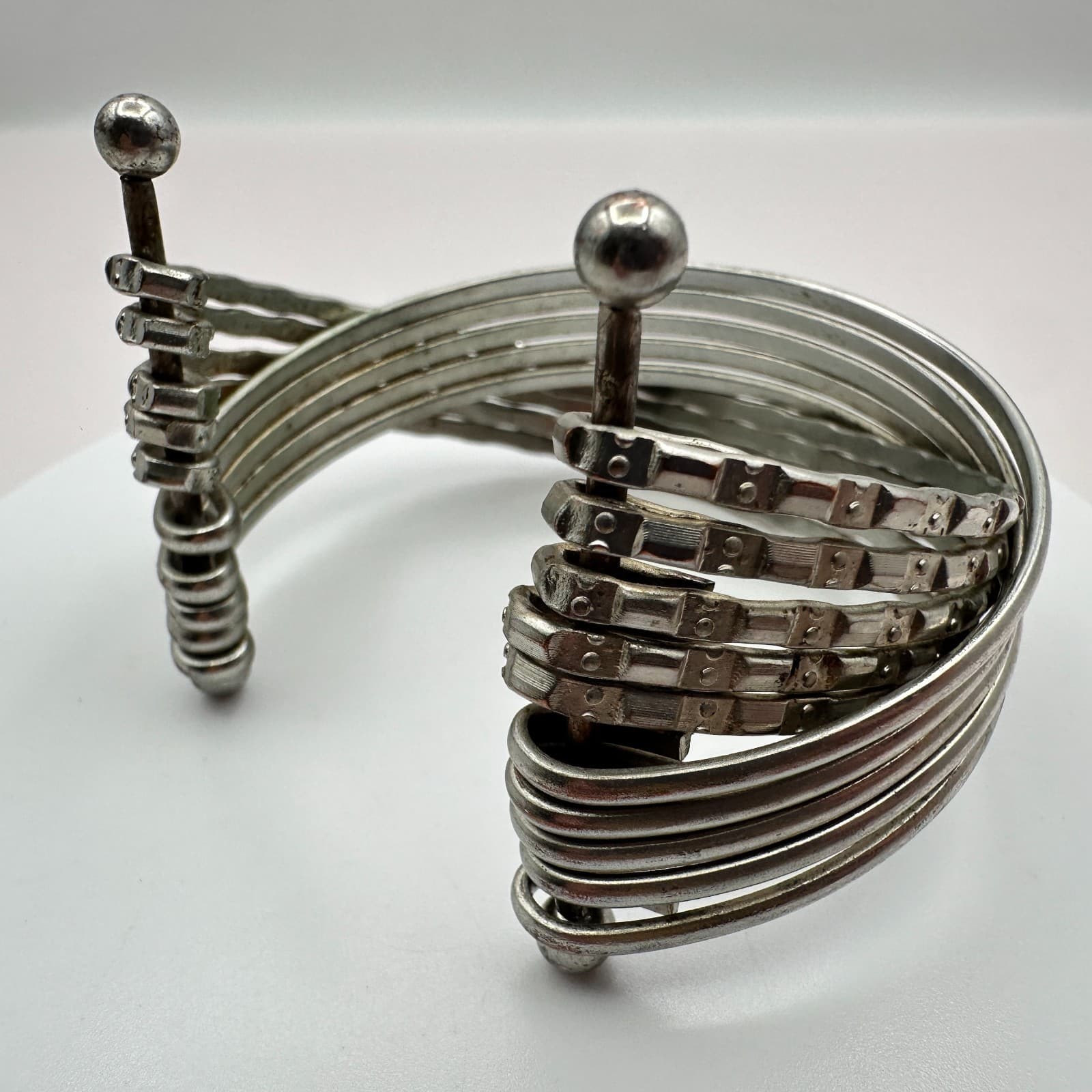 Vintage Y2K Silver Tone Multi Strand Cuff Bracelet Textured Layered Boho Jewelry - Thumbnail 6