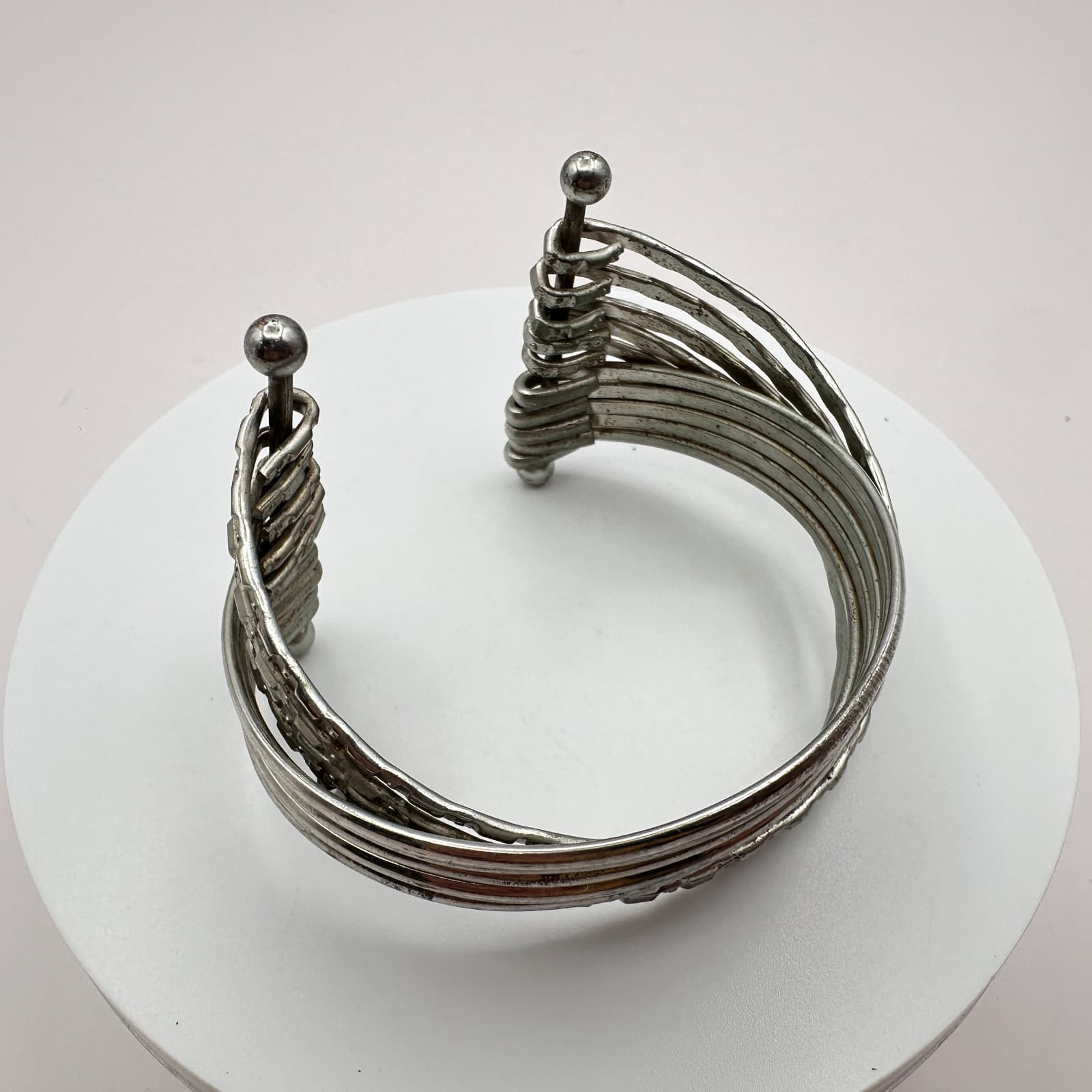 Vintage Y2K Silver Tone Multi Strand Cuff Bracelet Textured Layered Boho Jewelry - Thumbnail 4